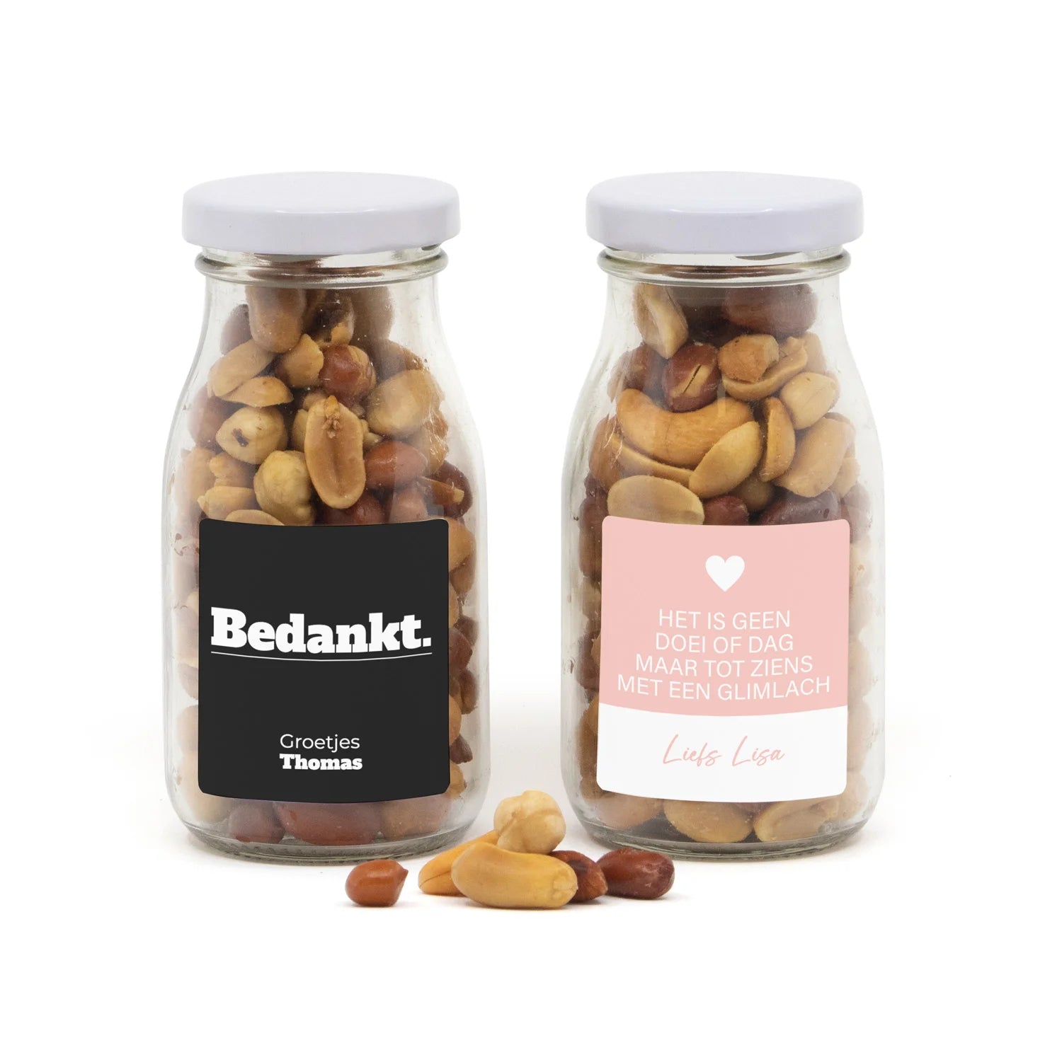 Glazen melkflesje met verse nootjes - Afscheid collega - Bedankjes.nl