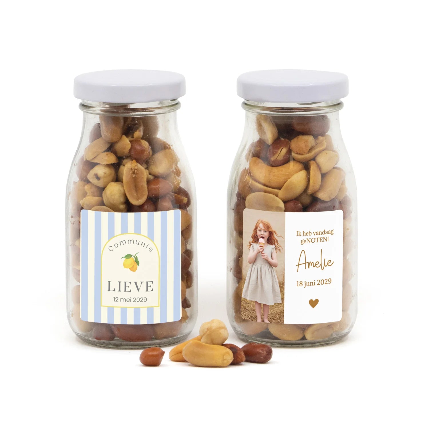 Glazen melkflesje met verse nootjes - Communie meisjes