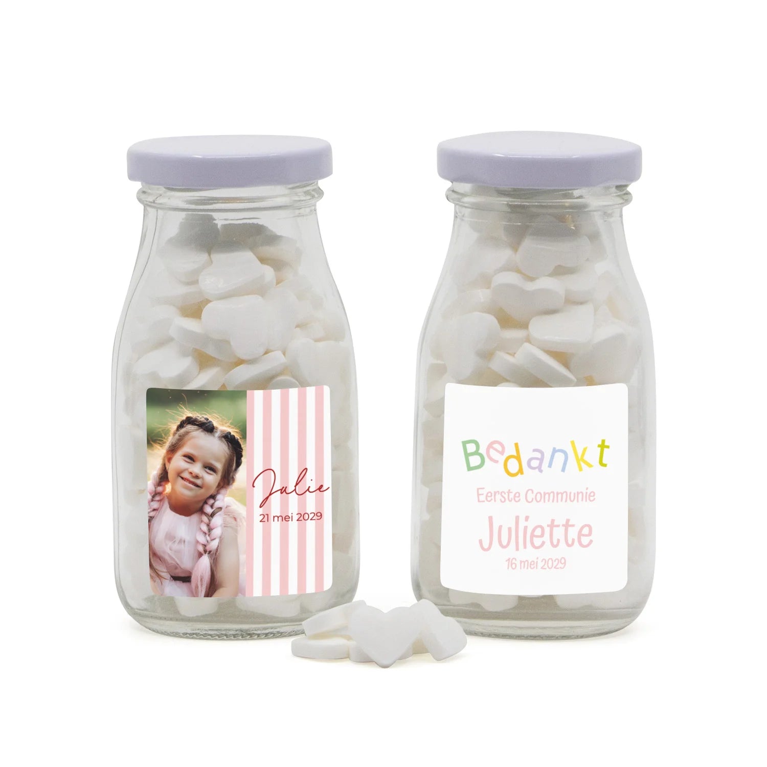 Glazen melkflesje met snoep - Communie meisjes
