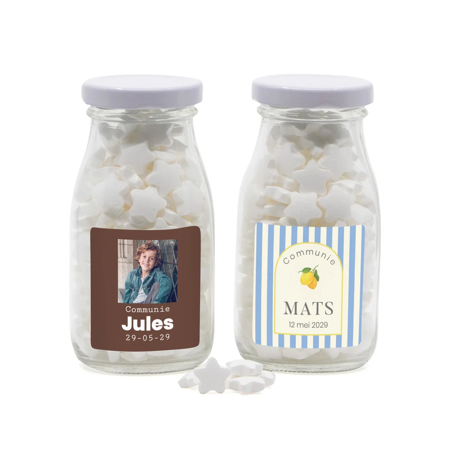 Glazen melkflesje met snoep - Communie jongens