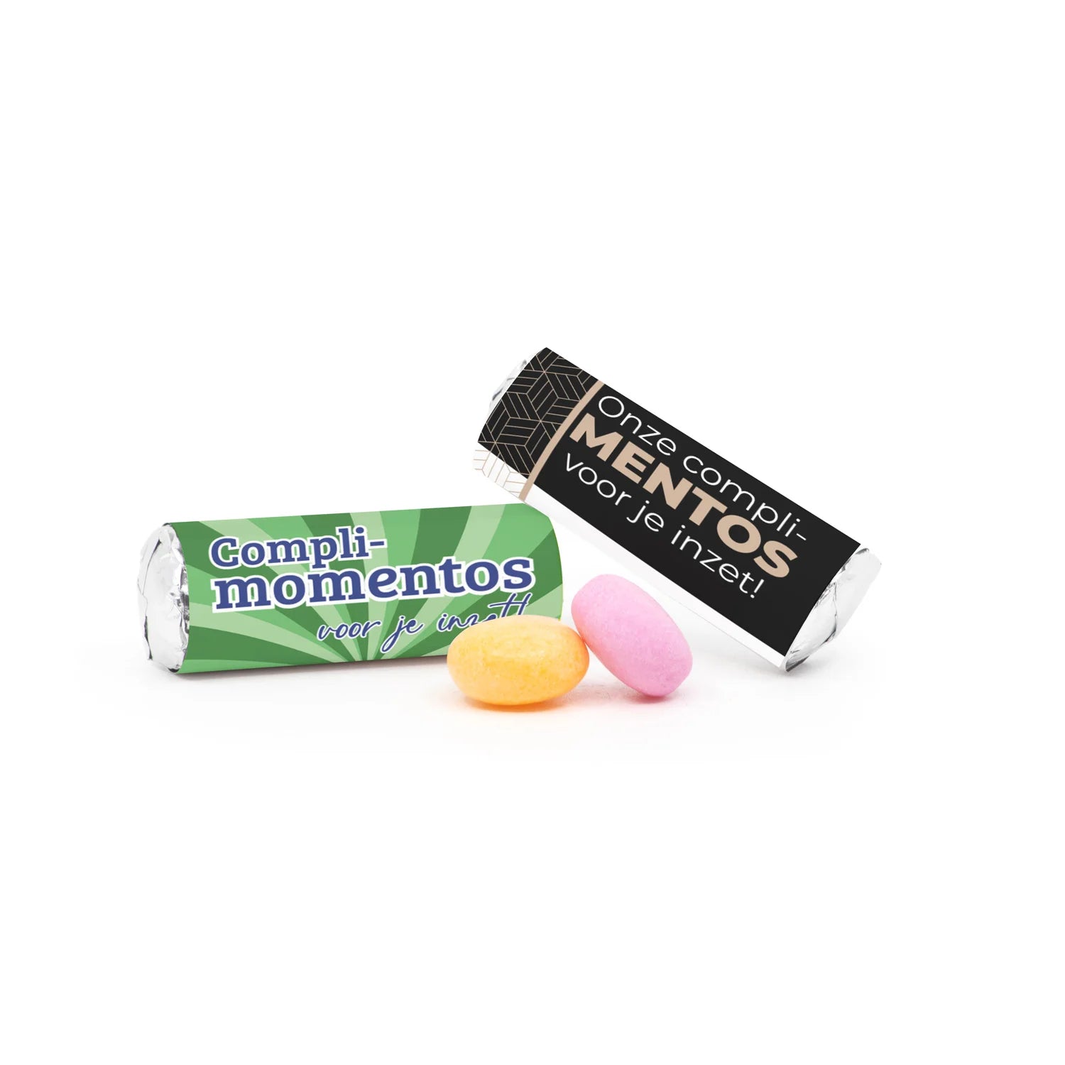 Mini Mentos rolletjes (25 stuks) eigen etiket - Vrijwilliger - Bedankjes.nl