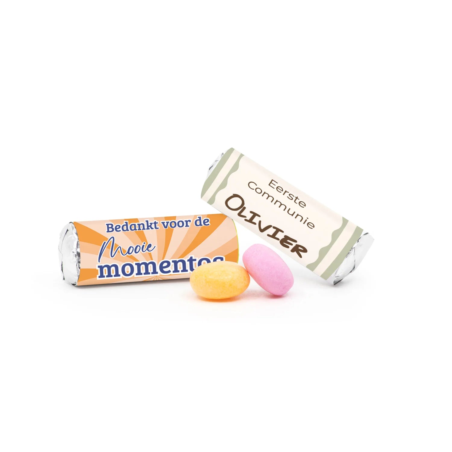 Mini Mentos rolletjes (25 stuks) eigen etiket - Communie jongens