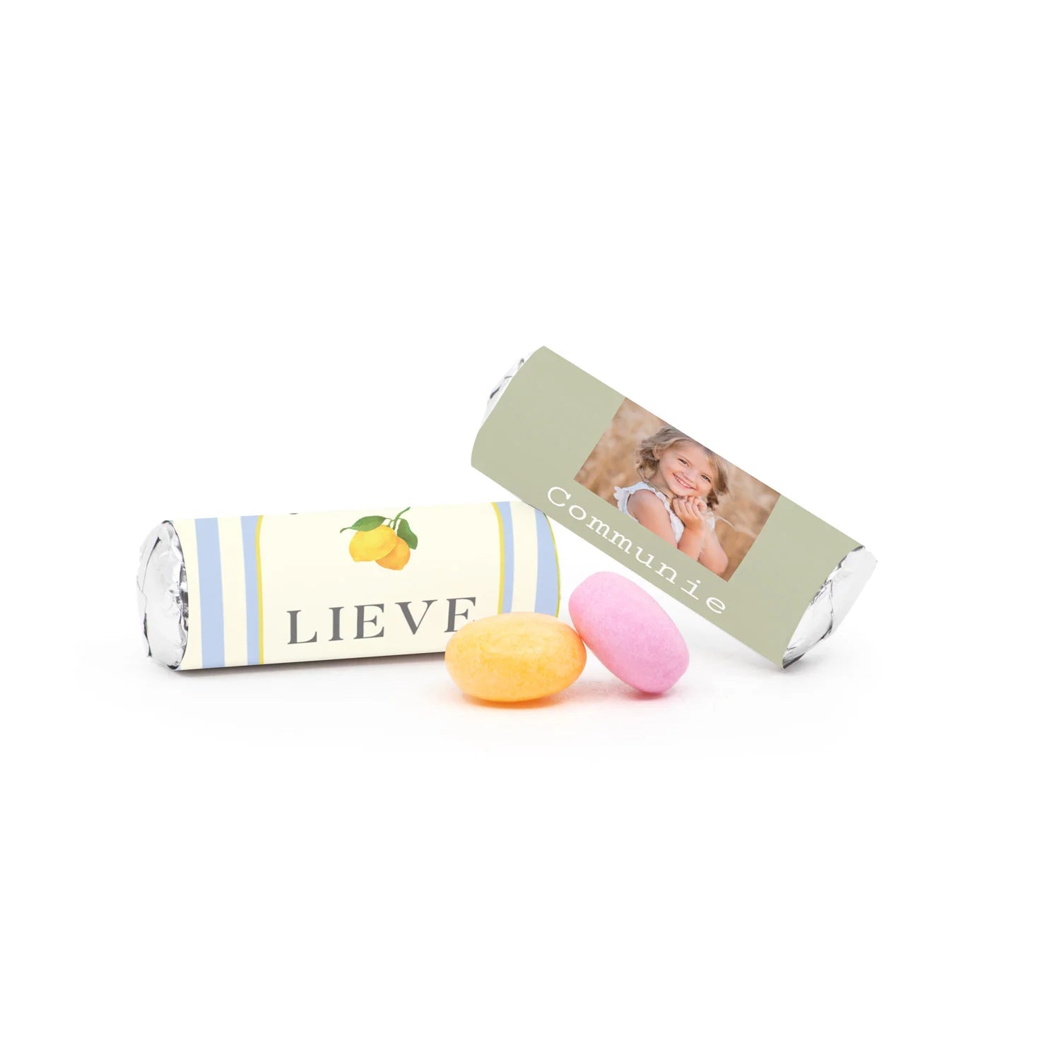 Mini Mentos rolletjes (25 stuks) eigen etiket - Communie meisjes