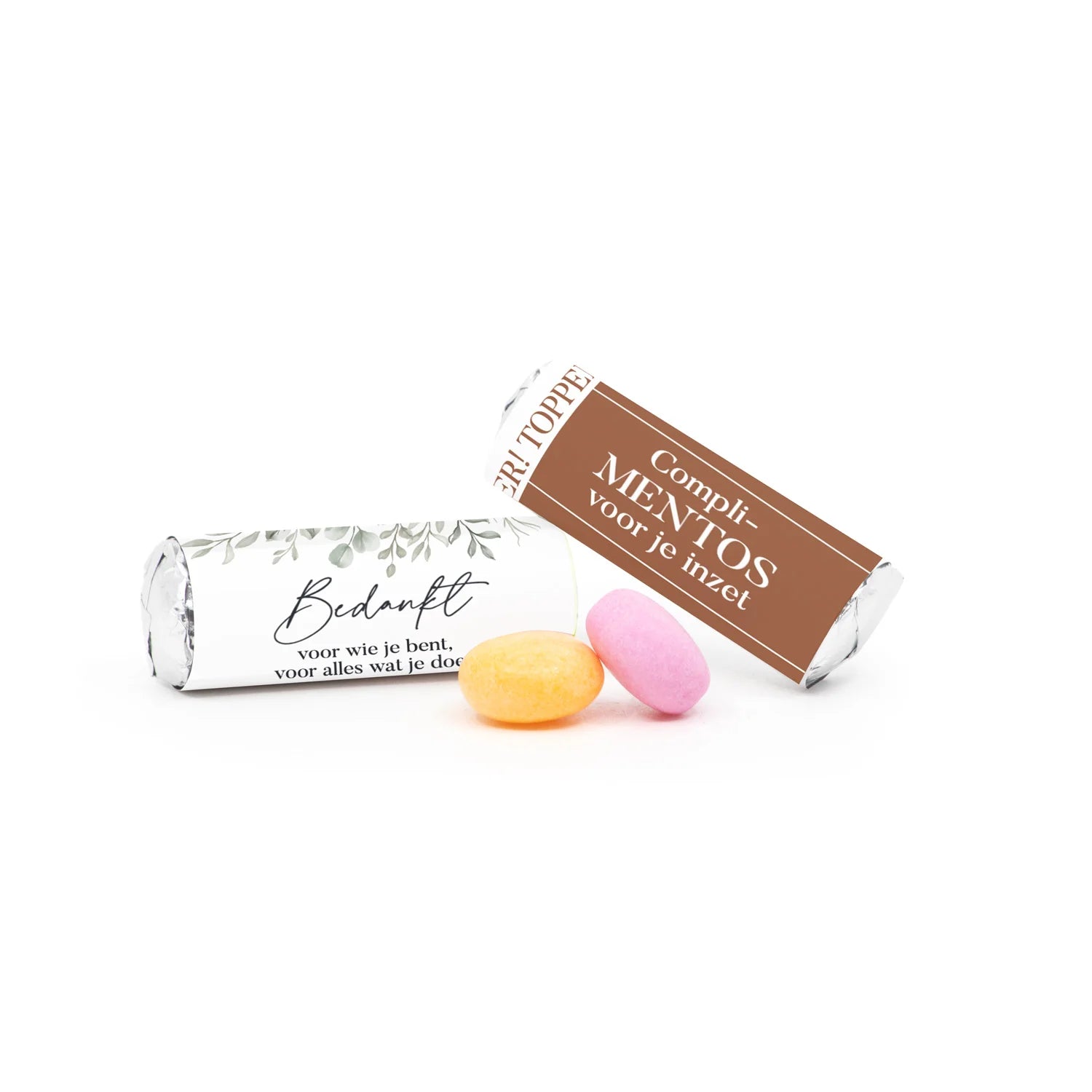 Mini Mentos rolletjes (25 stuks) eigen etiket - Vrijwilliger - Bedankjes.nl