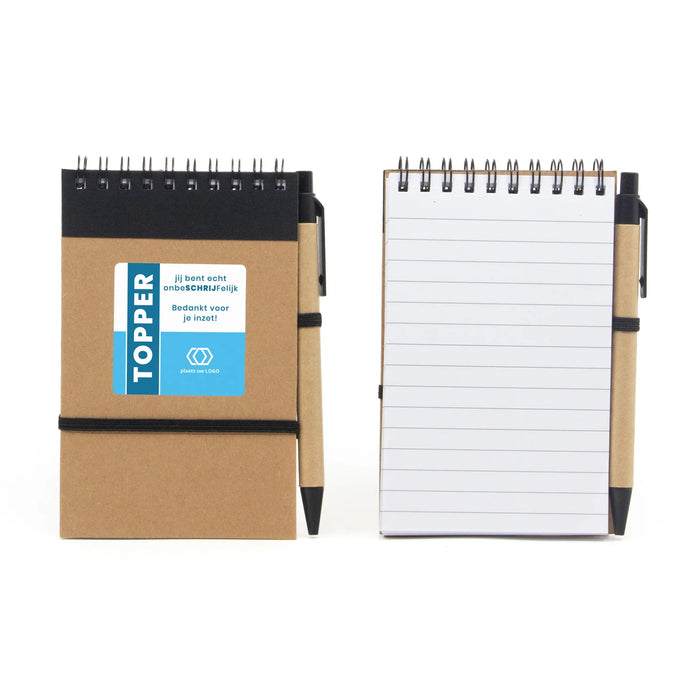 Notitieboekje met balpen en eigen etiket - Zakelijk