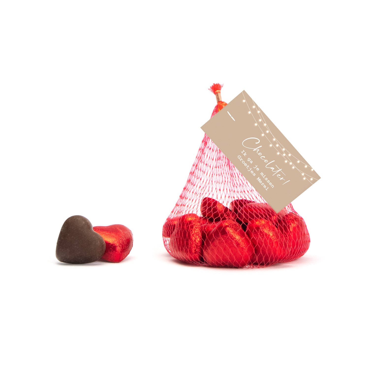 Chocolade hartjes met kaartje - Afscheid Collega - Bedankjes.nl