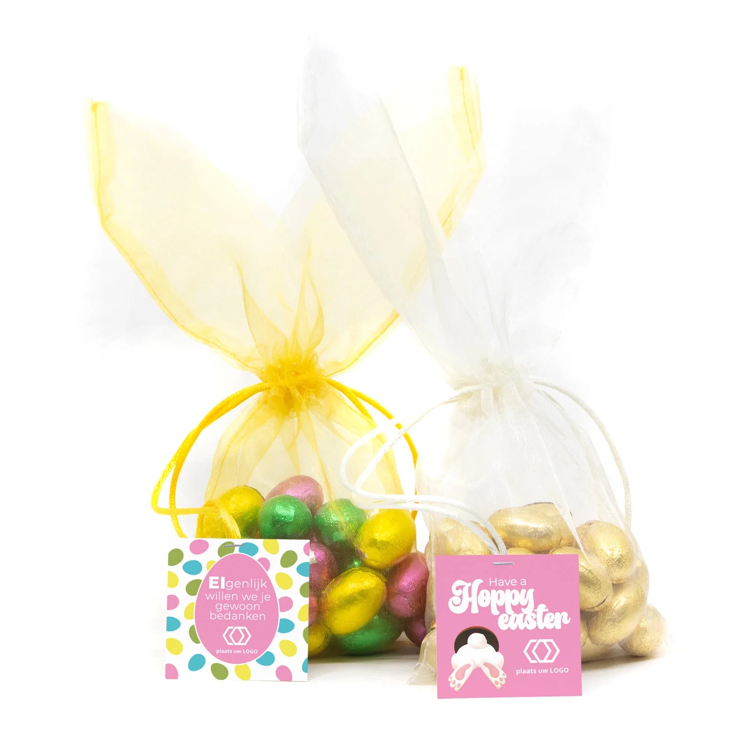 Paashaas organza zakje met paaseitjes en eigen kaartje - Pasen - Bedankjes.nl