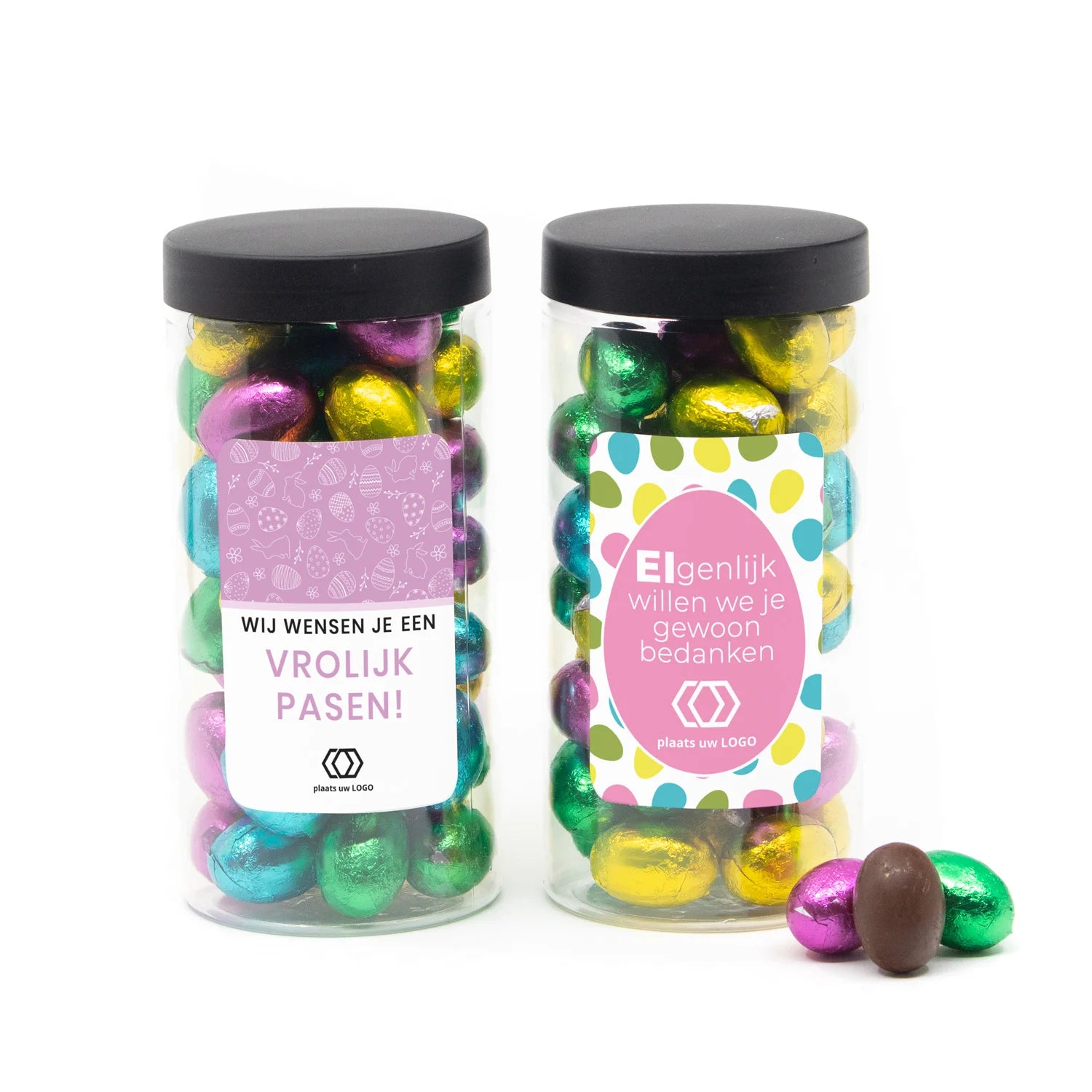 Pot met paaseitjes en eigen etiket zwart deksel - Pasen - Bedankjes.nl