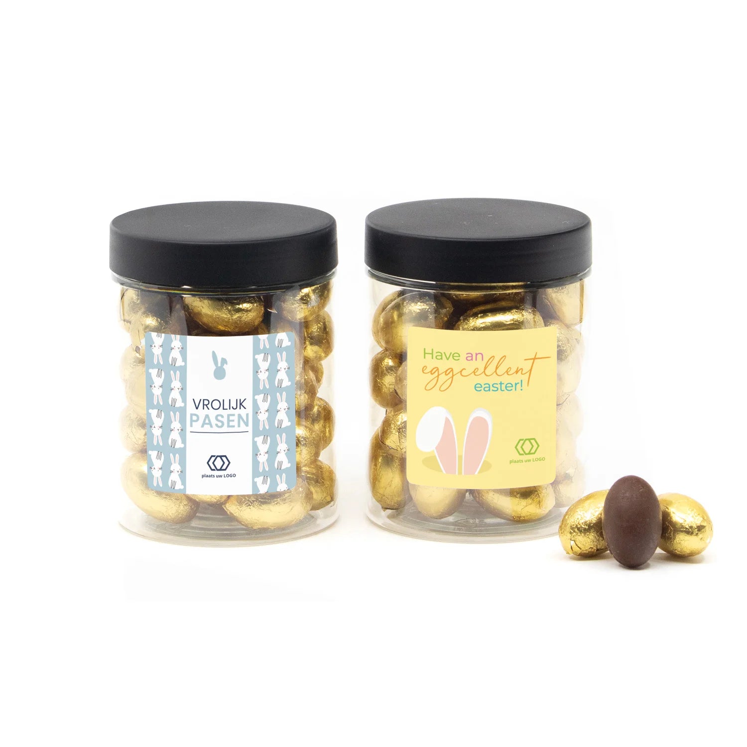 Potje met paaseitjes en eigen etiket zwart deksel - Pasen - Bedankjes.nl