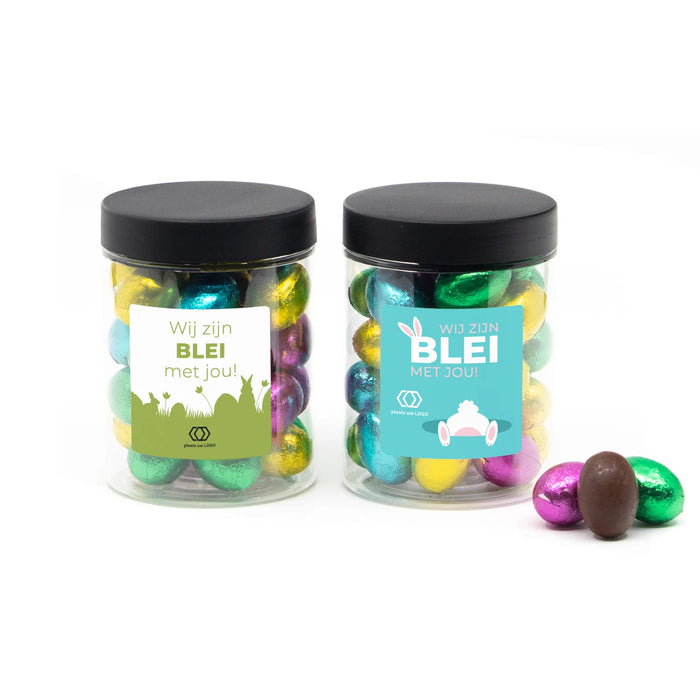 Potje met paaseitjes en eigen etiket zwart deksel - Pasen