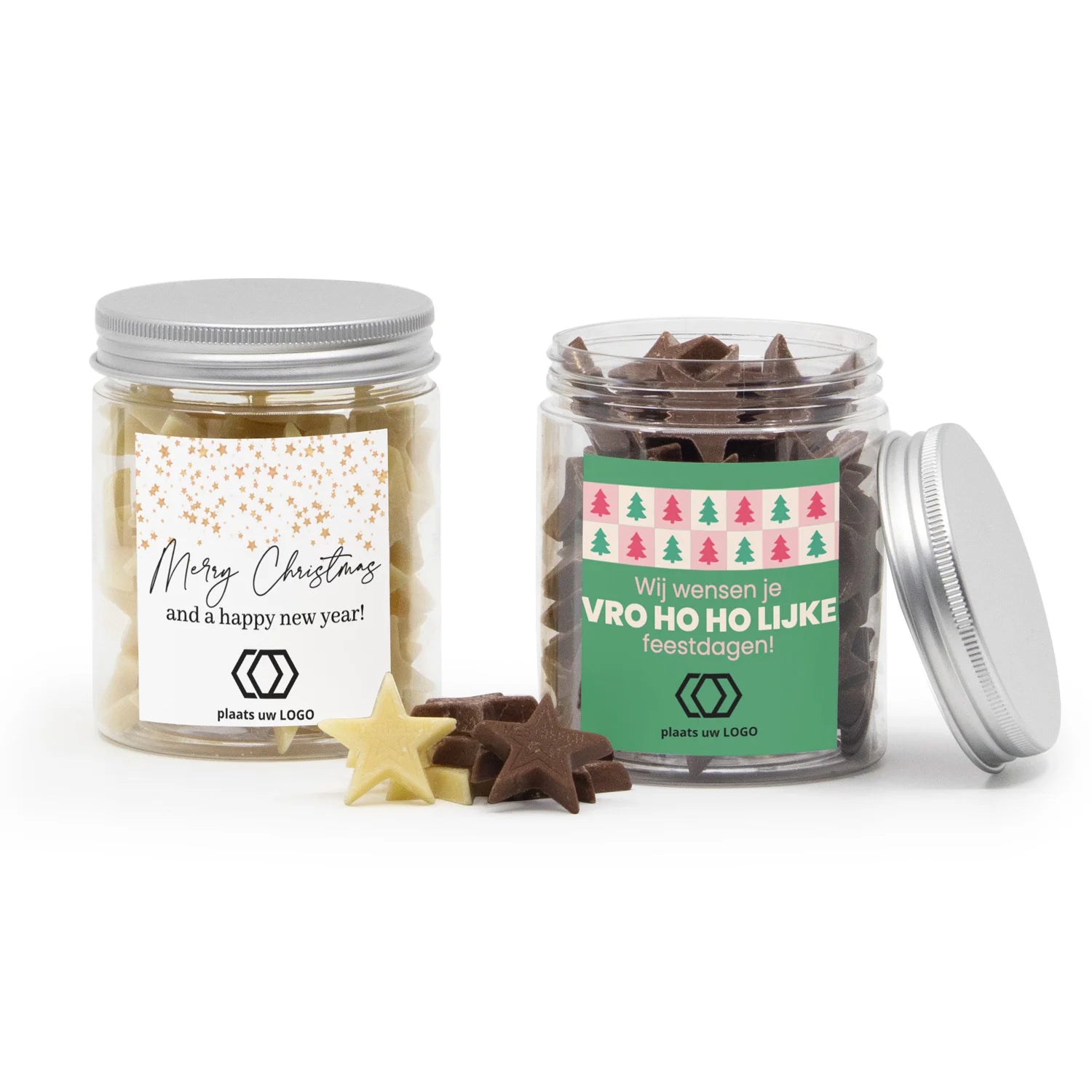 Groot potje met chocolade sterren en eigen etiket - Kerst - Bedankjes.nl