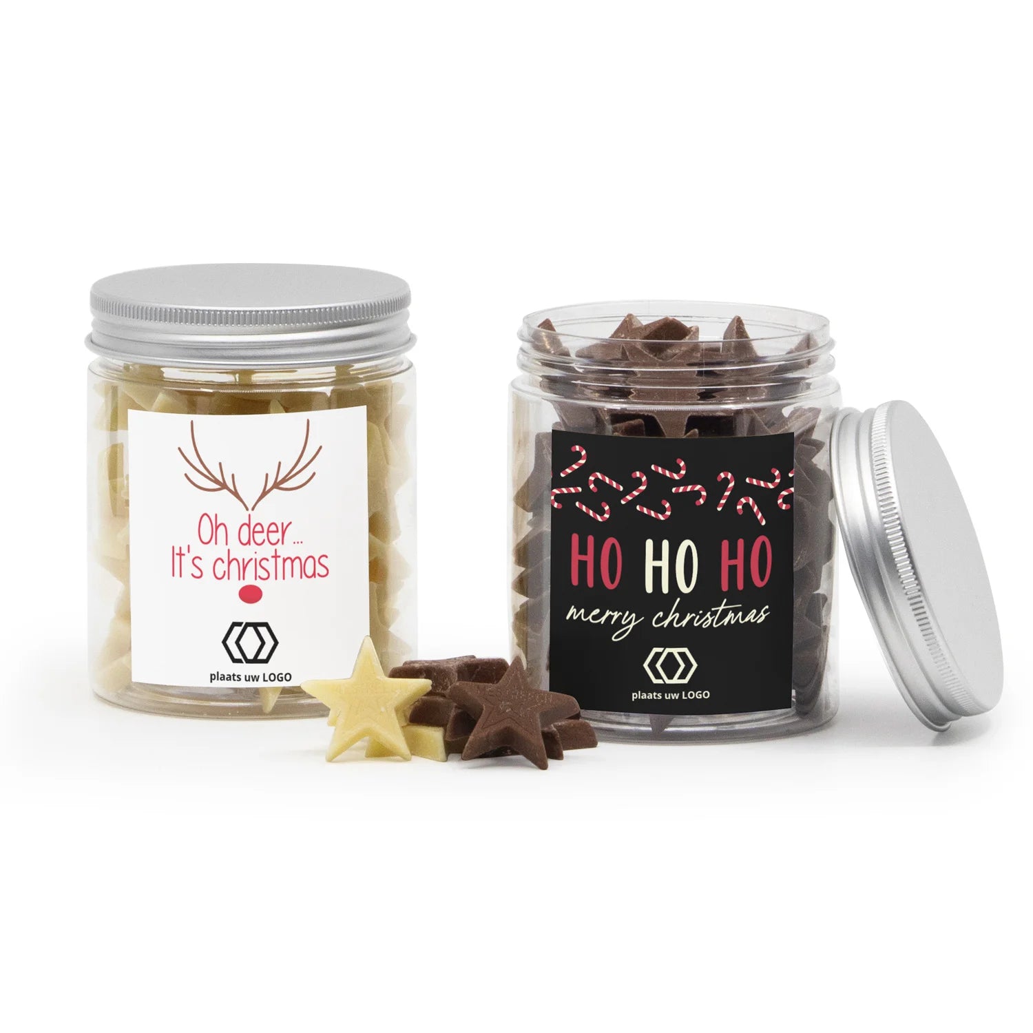 Groot potje met chocolade sterren en eigen etiket - Kerst - Bedankjes.nl