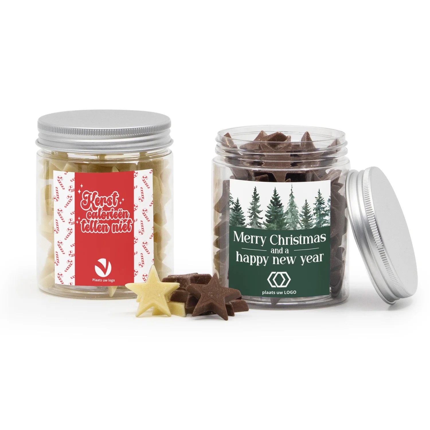 Groot potje met chocolade sterren en eigen etiket - Kerst - Bedankjes.nl