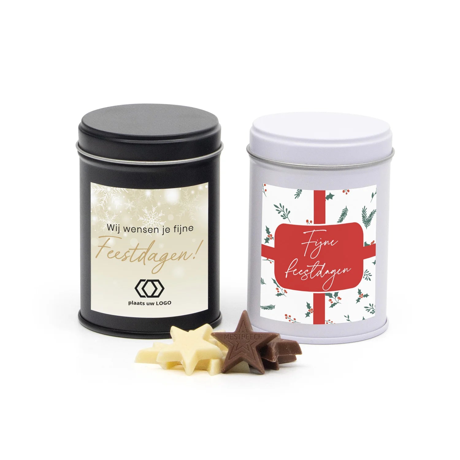 Blik met chocolade en eigen etiket - Kerst - Bedankjes.nl