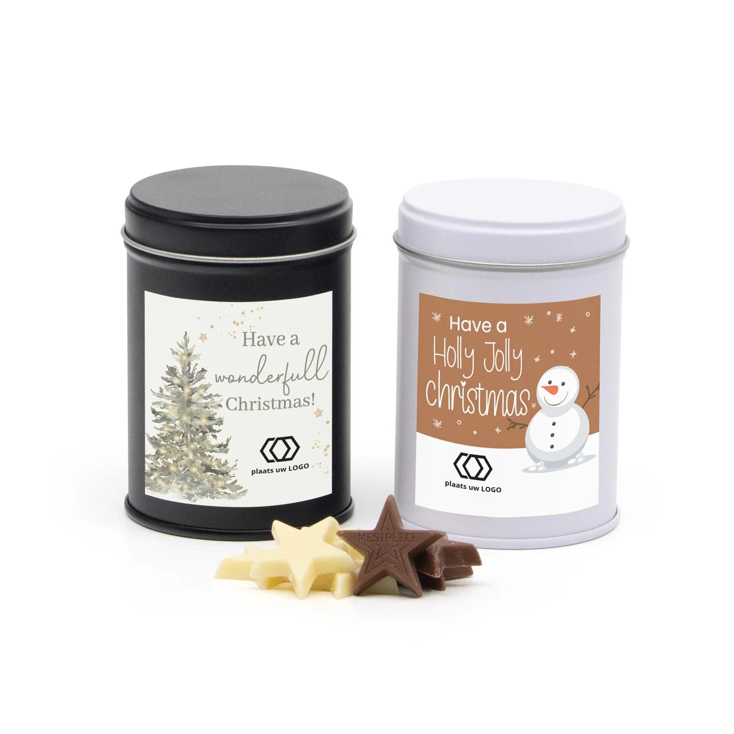 Blik met chocolade en eigen etiket - Kerst - Bedankjes.nl