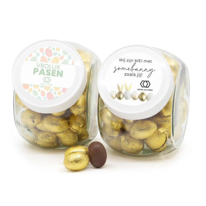 Glazen snoeppot 0,9L met paaseitjes en logo - Pasen