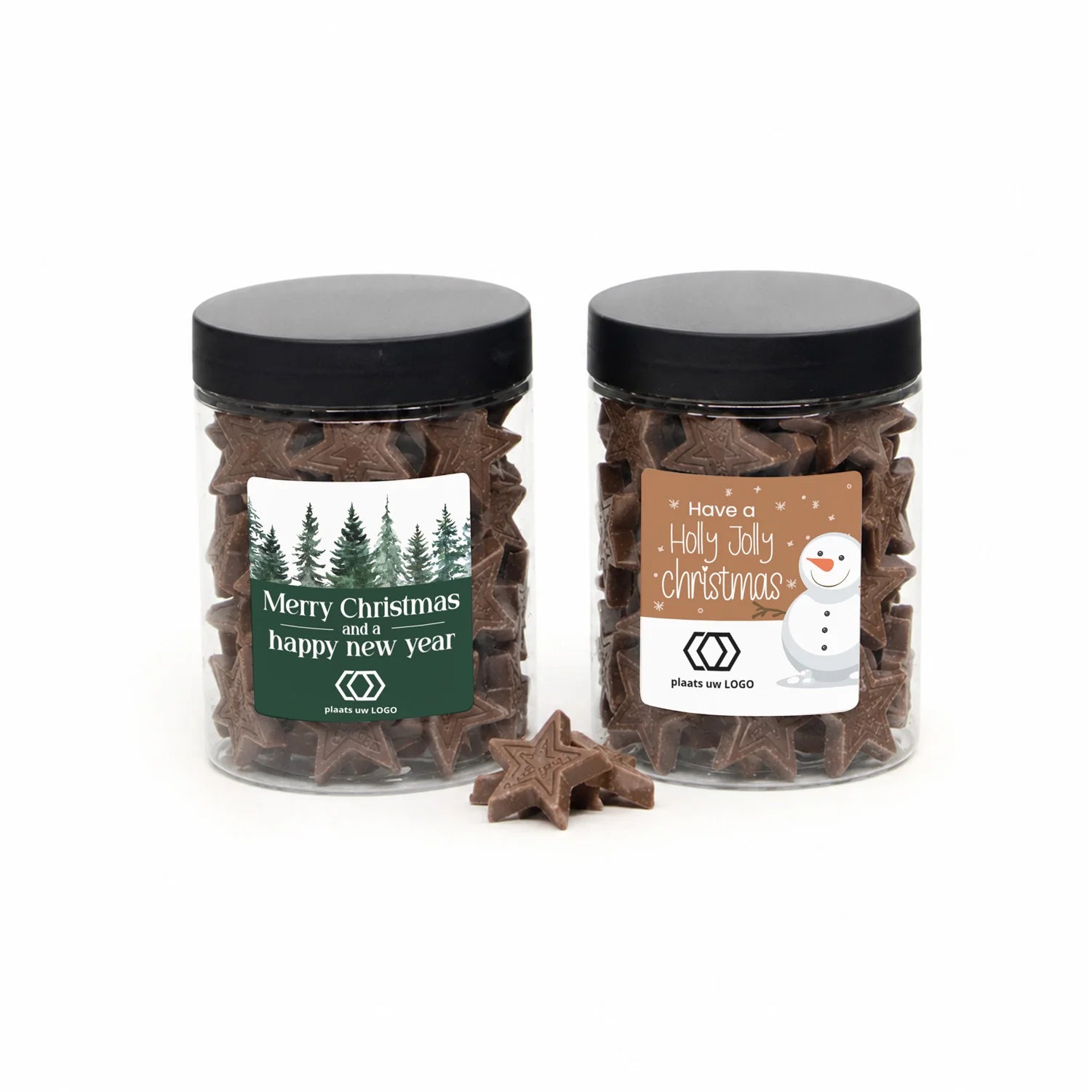 Potje met chocolade sterren en eigen etiket - Kerst