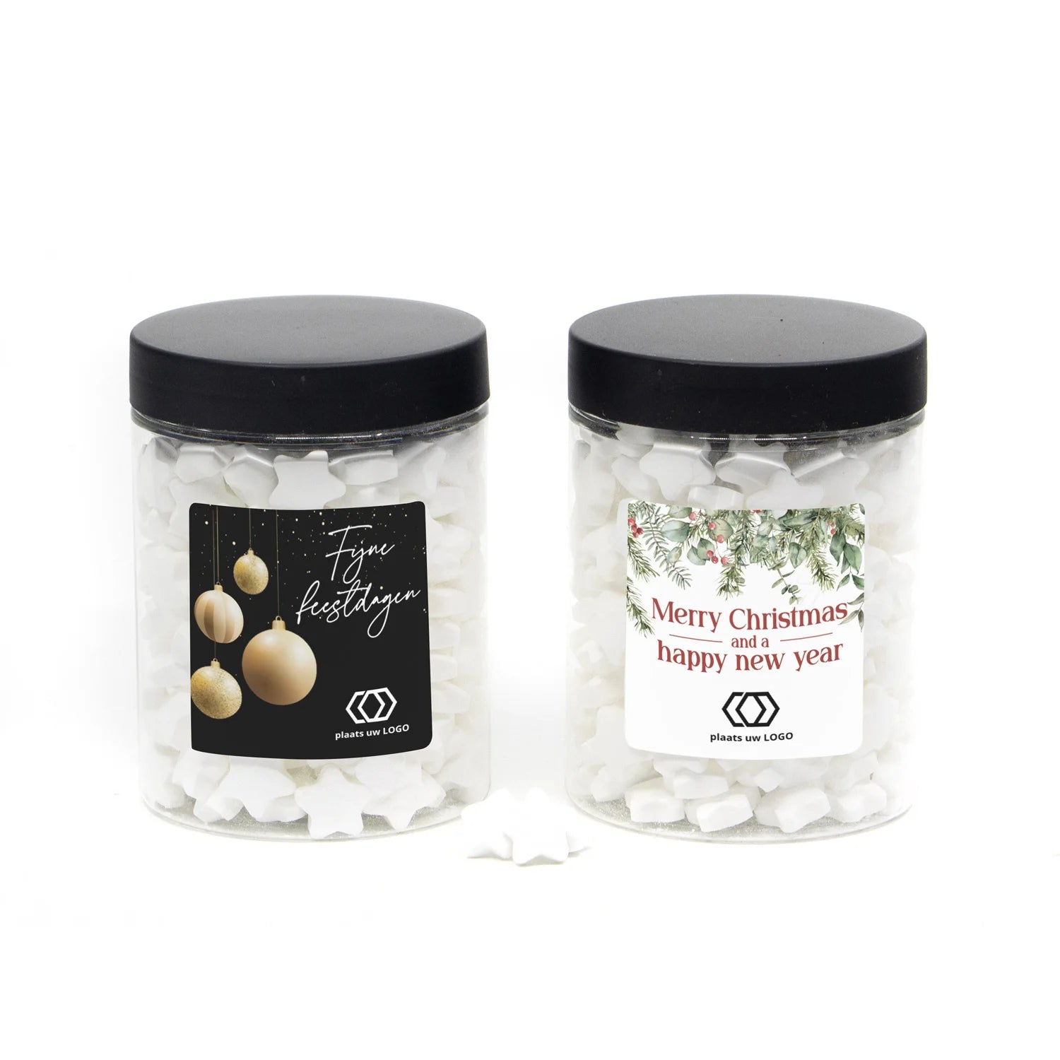 Potje met snoep en eigen etiket zwart deksel - Kerst
