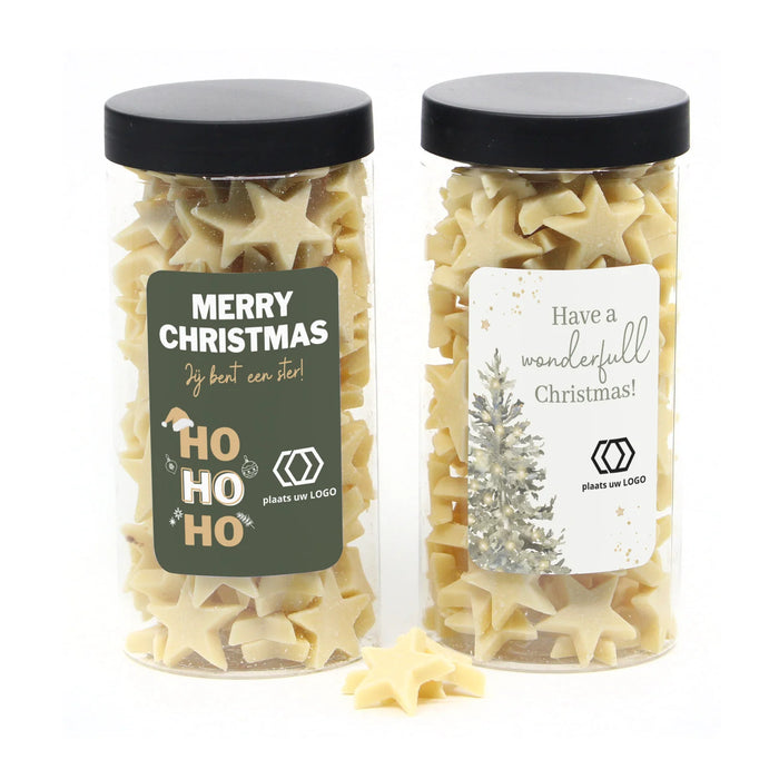 Pot met chocolade sterren en eigen etiket - Kerst