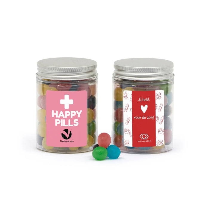 Potje happy pills met eigen etiket - Verpleging