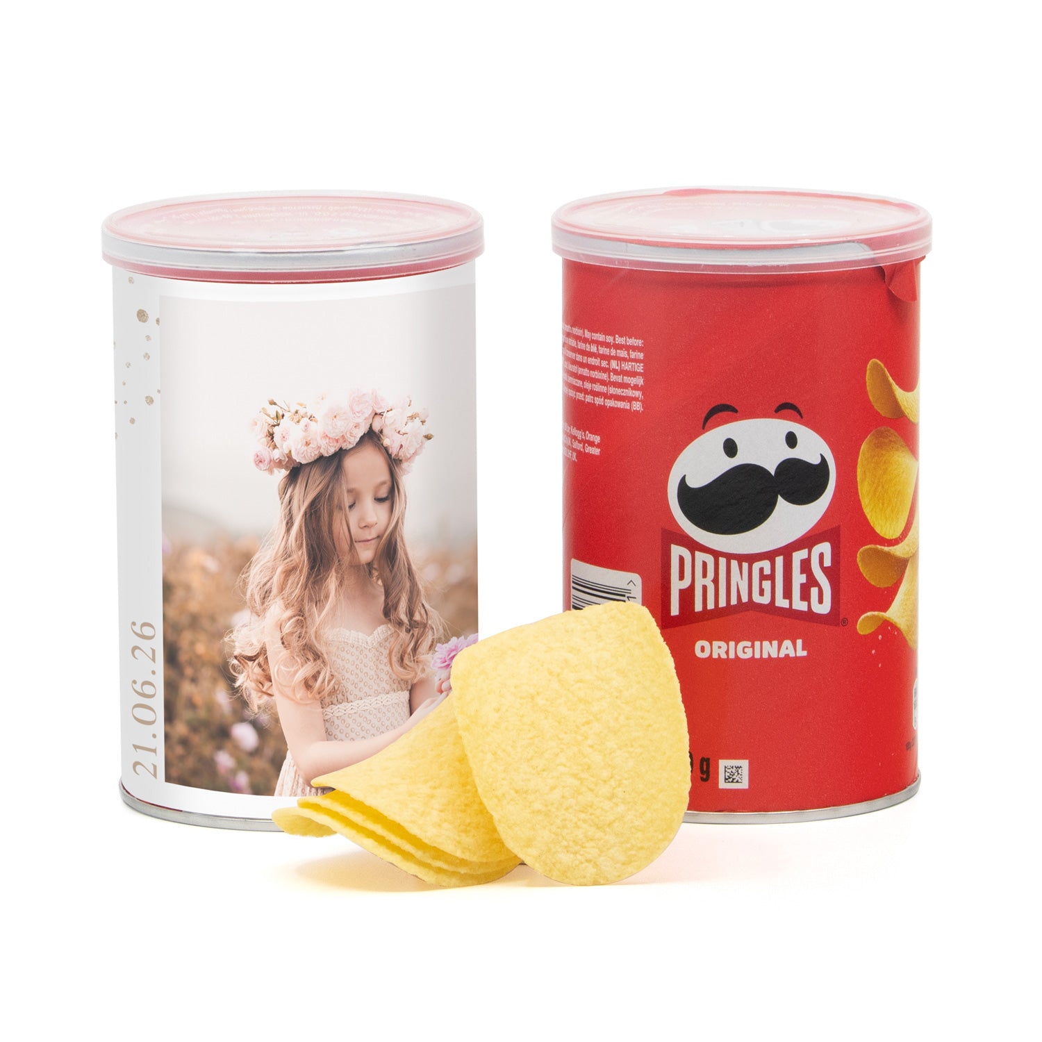 Pringles chipsblikje 70 gram met eigen wikkel - Communie Meisjes - Bedankjes.nl