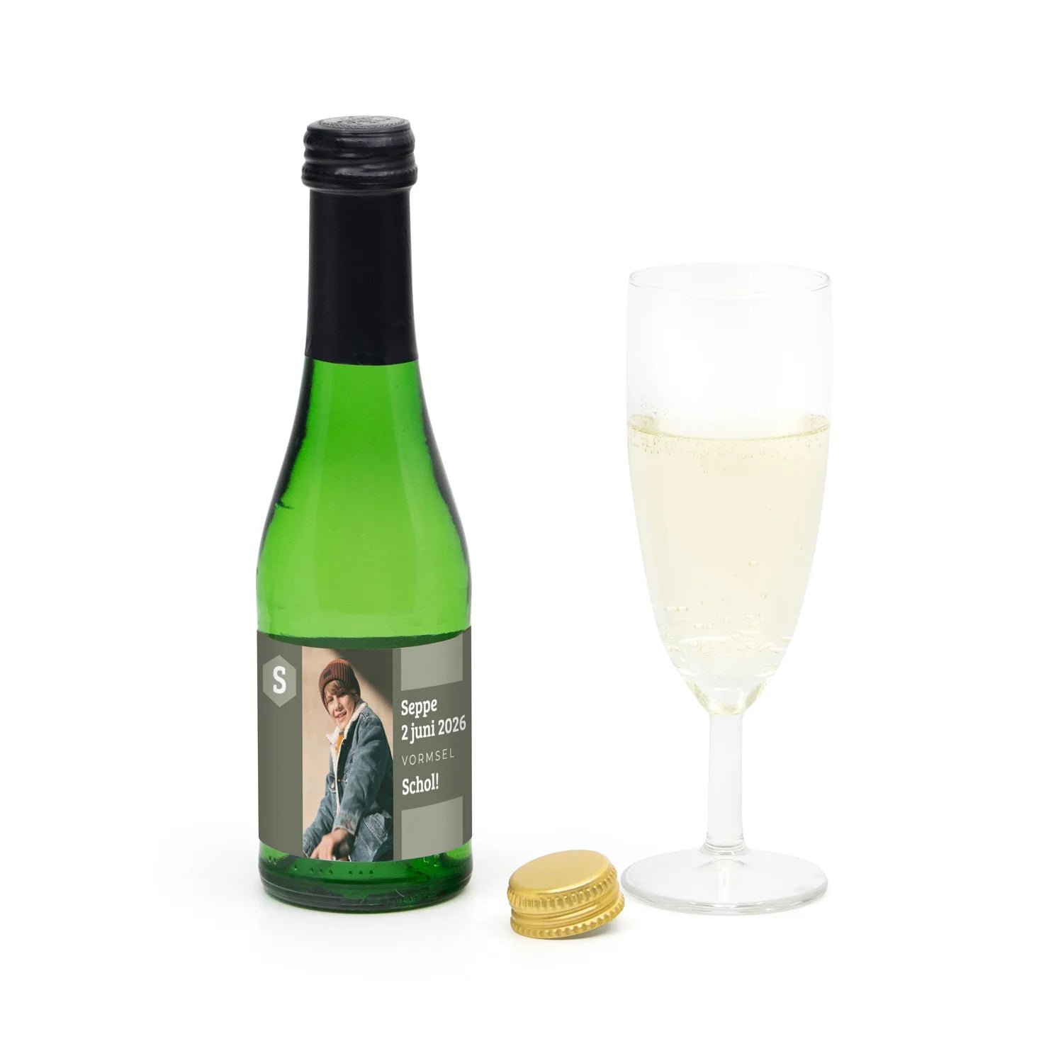 Flesje alcoholvrije prosecco met eigen etiket - Communie jongens