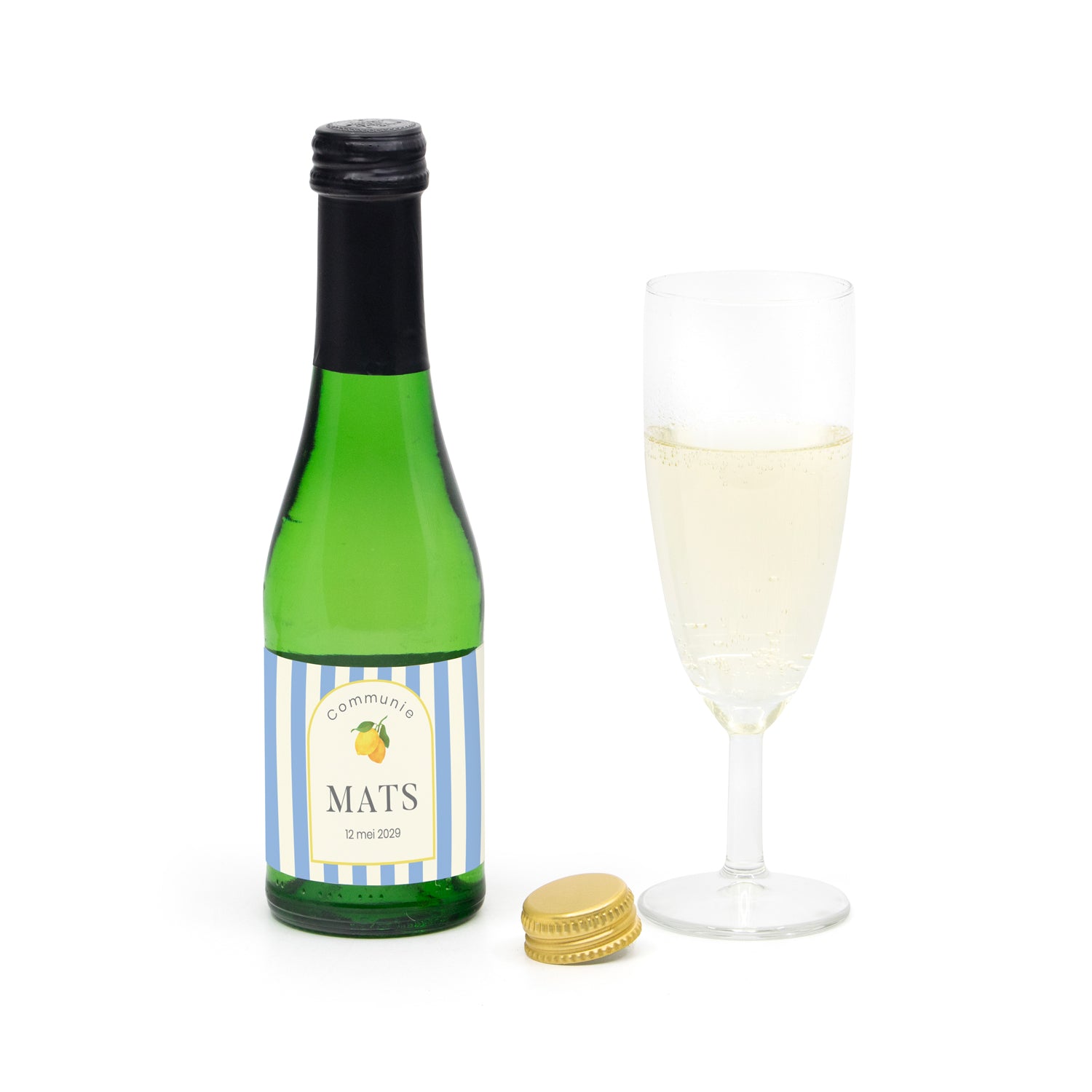 Flesje alcoholvrije prosecco met eigen etiket - Communie jongens