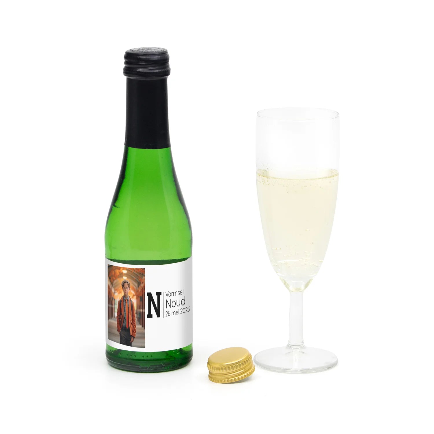 Flesje alcoholvrije prosecco met eigen etiket - Communie jongens