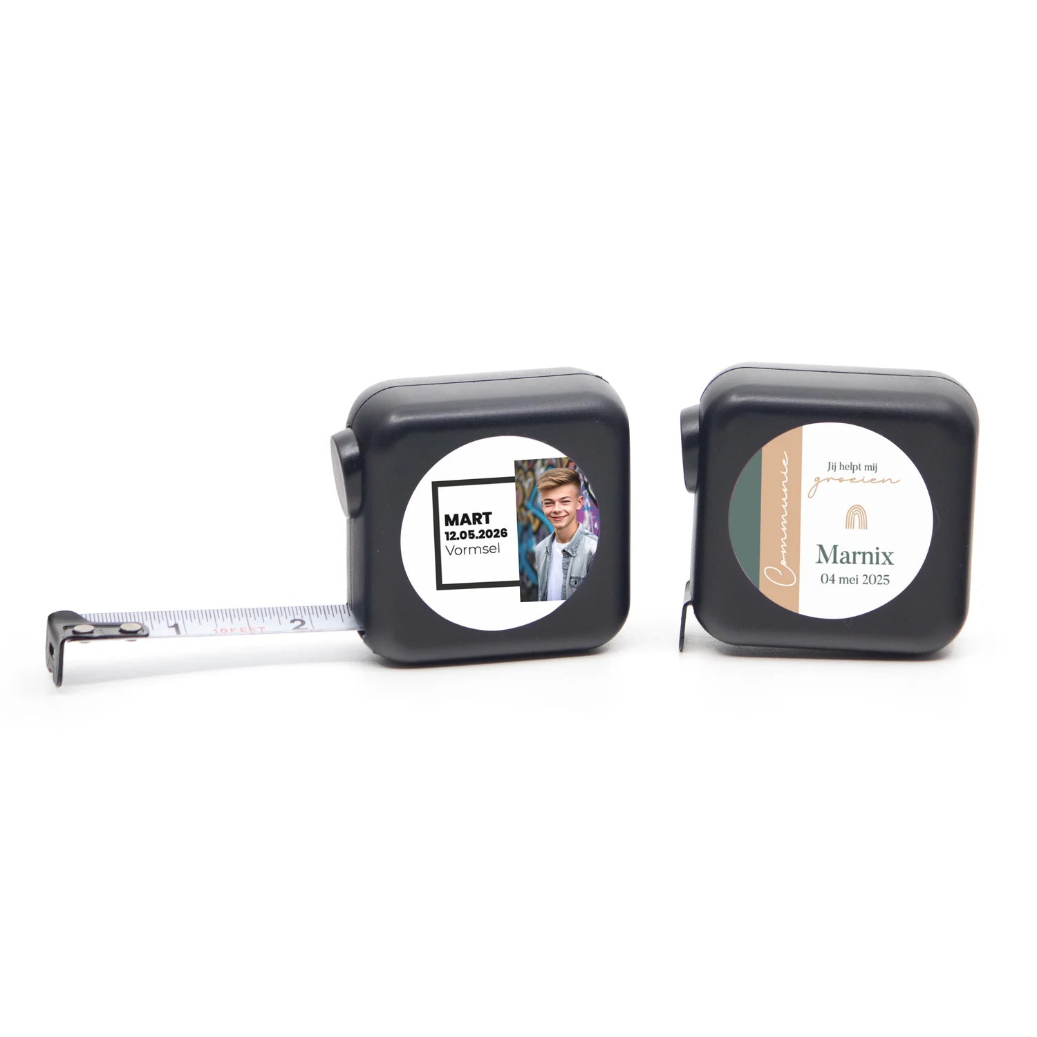 Vierkante rolmaat met eigen etiket - Communie jongens - Bedankjes.nl