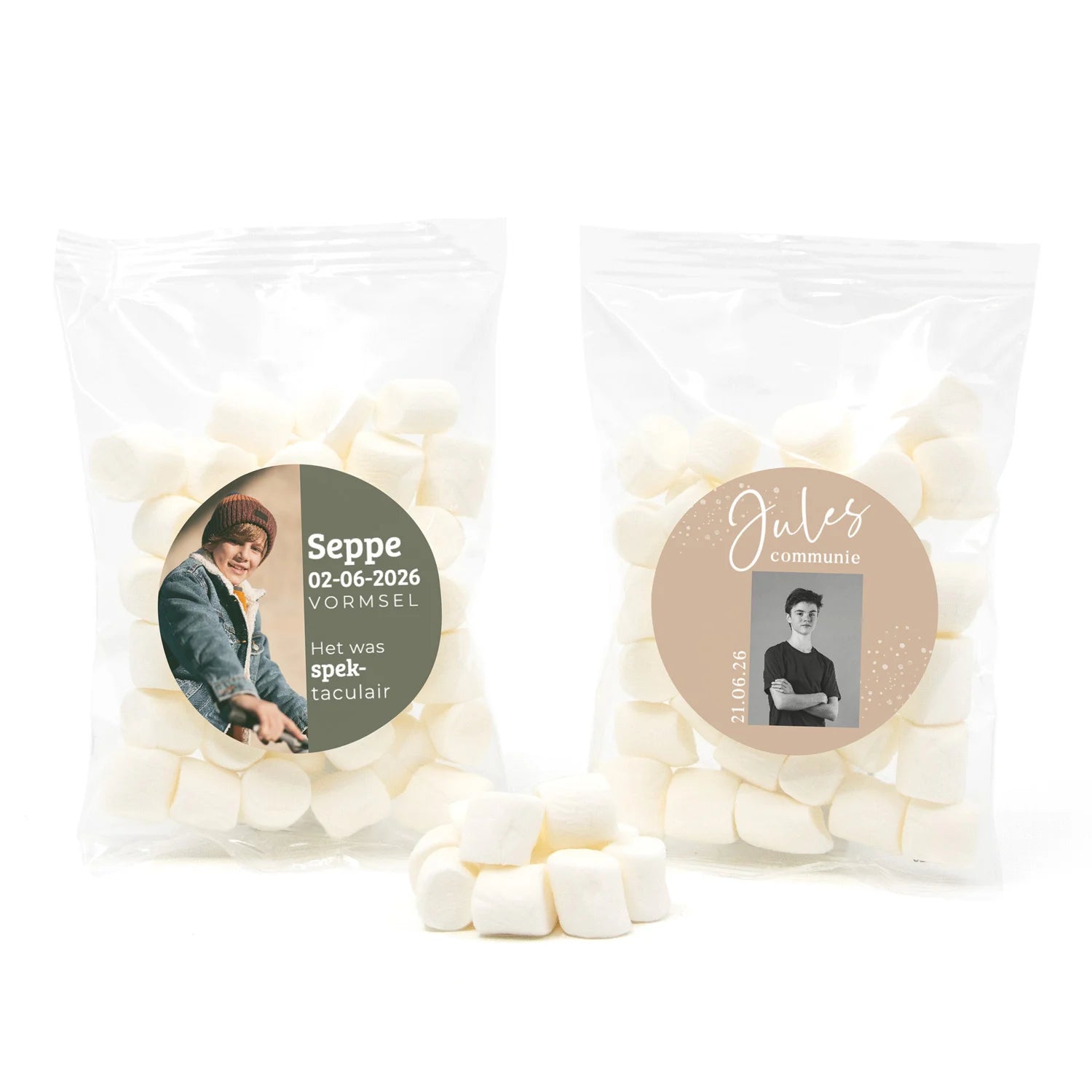 Zakje mini spekjes met eigen etiket - Communie jongens - Bedankjes.nl