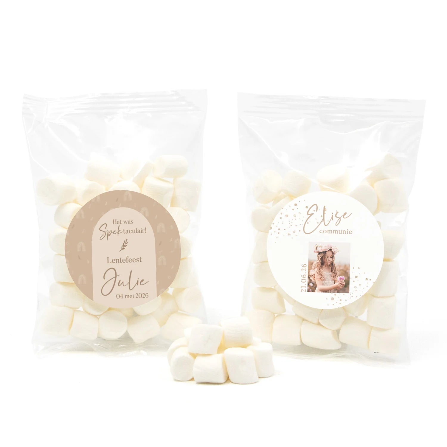 Zakje mini spekjes met eigen etiket - Communie meisjes - Bedankjes.nl