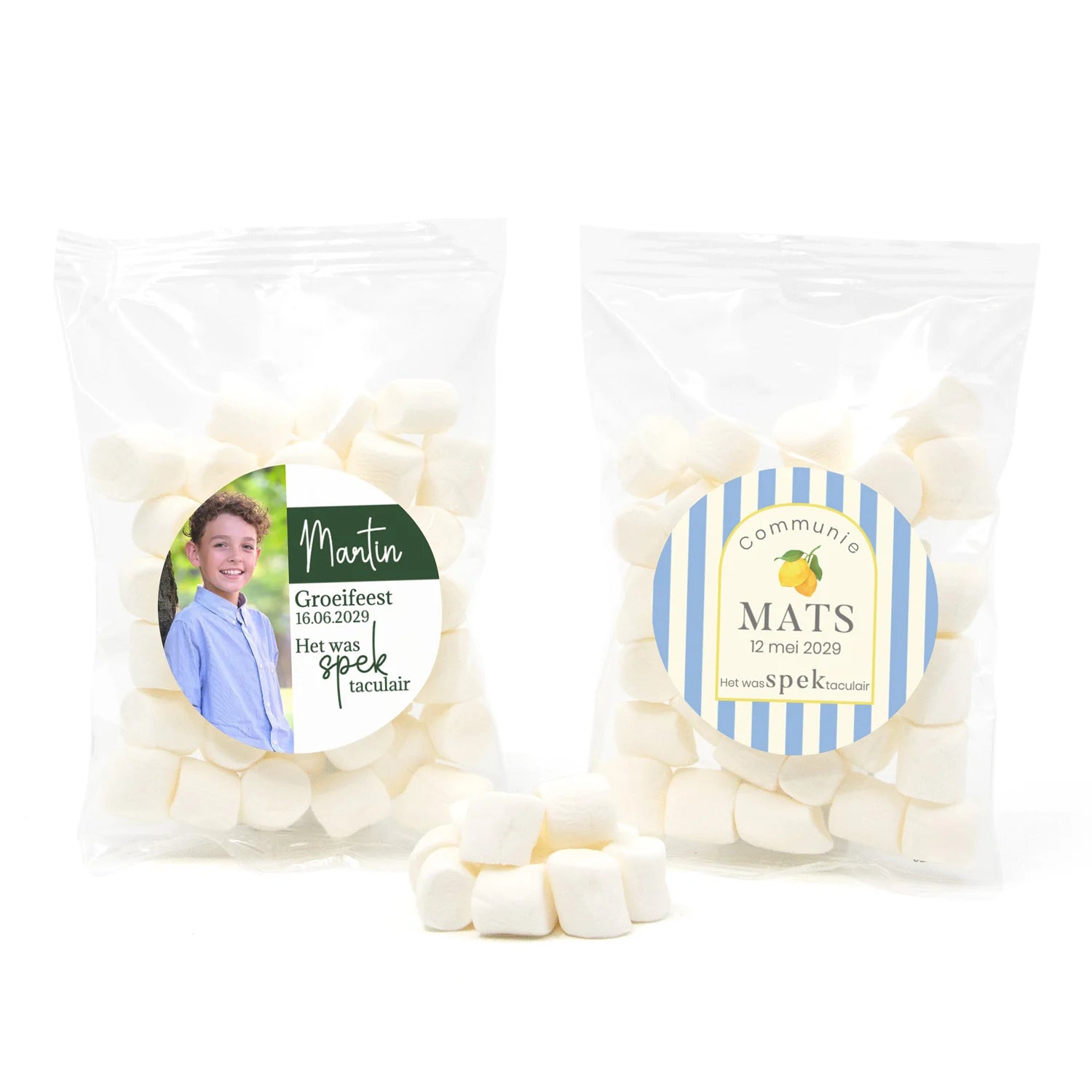 Zakje mini spekjes met eigen etiket - Communie jongens