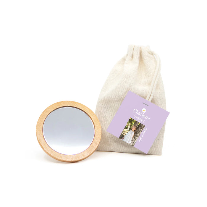 Spiegeltje in katoenen zakje met kaartje - Communie meisjes