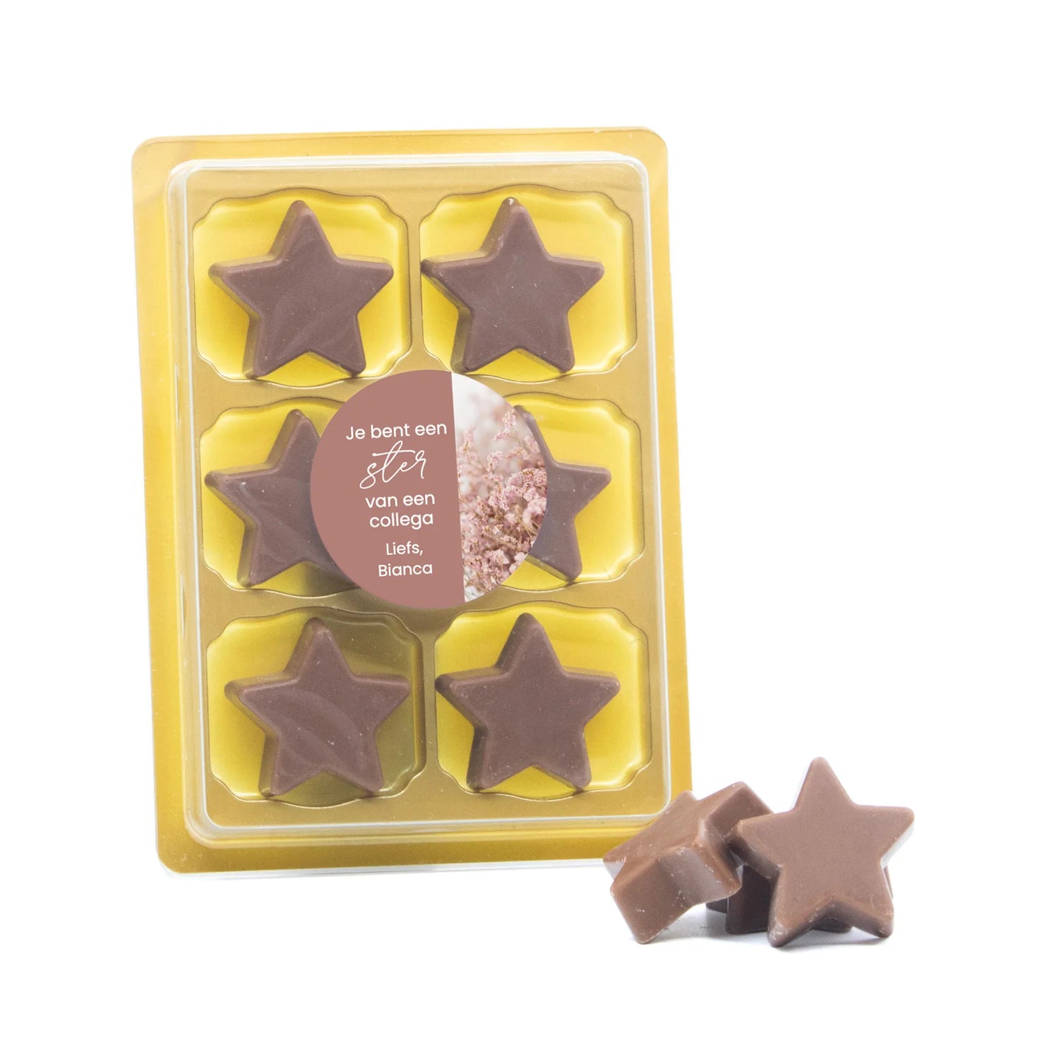 6 Chocolade sterren in blister - Afscheid collega - Bedankjes.nl