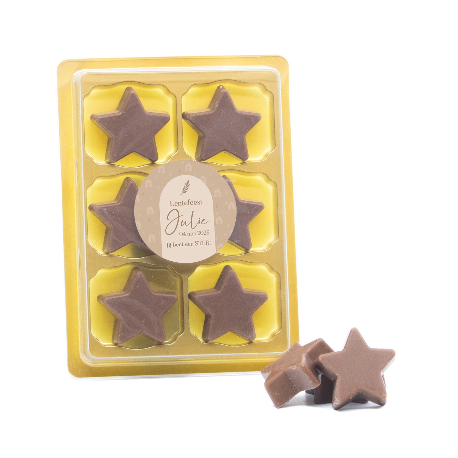 6 Chocolade sterren in blister me eigen tekst - Communie meisjes
