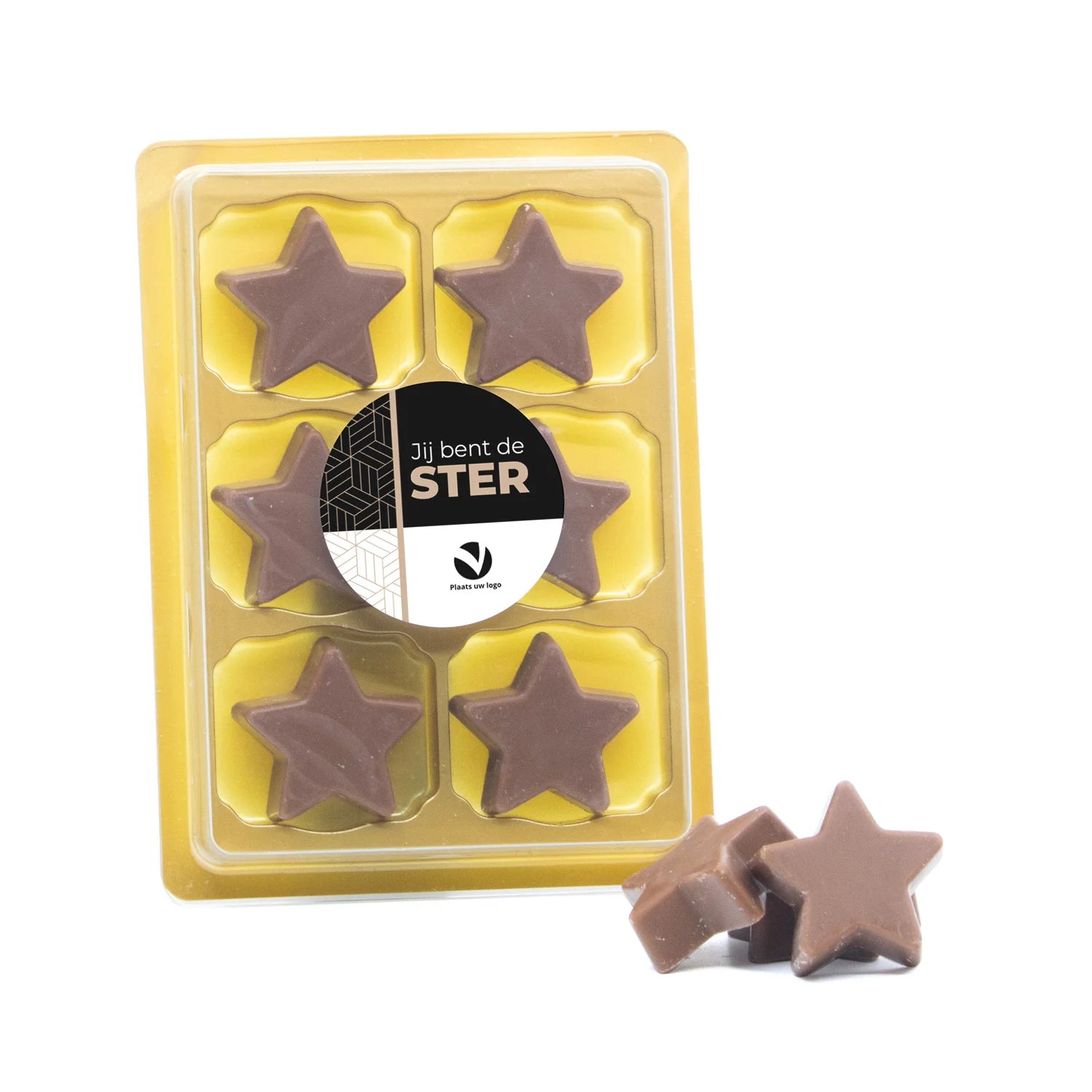6 Chocolade sterren in blister met eigen tekst - Zakelijk - Bedankjes.nl