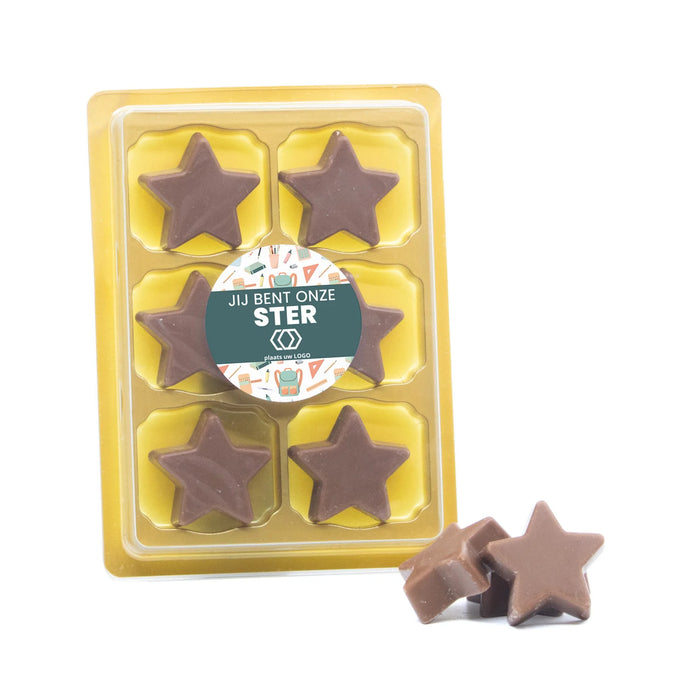 6 Chocolade sterren in blister met eigen tekst - Leraar