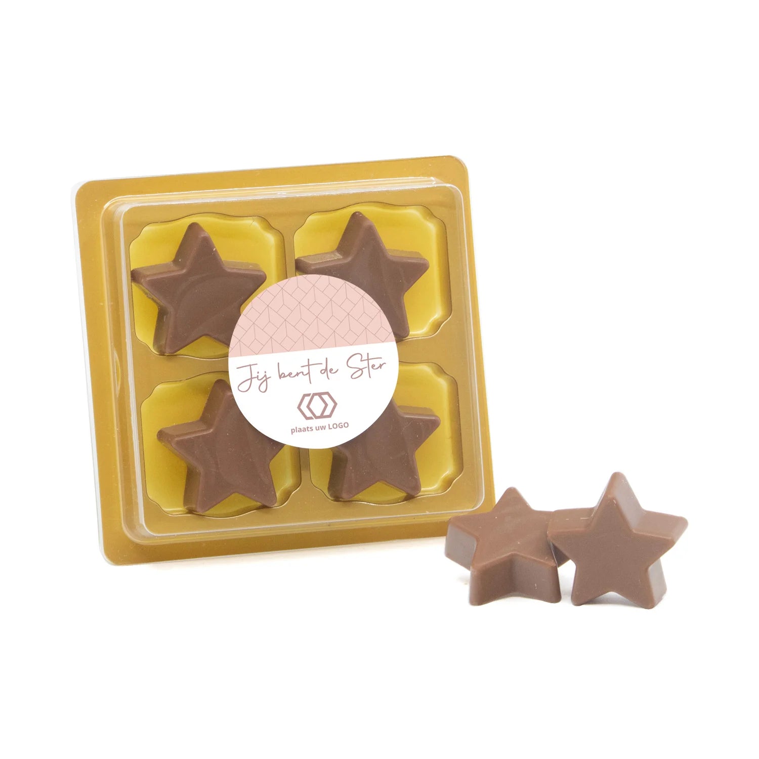 4 Chocolade sterren in blister met eigen tekst - zakelijk - Bedankjes.nl