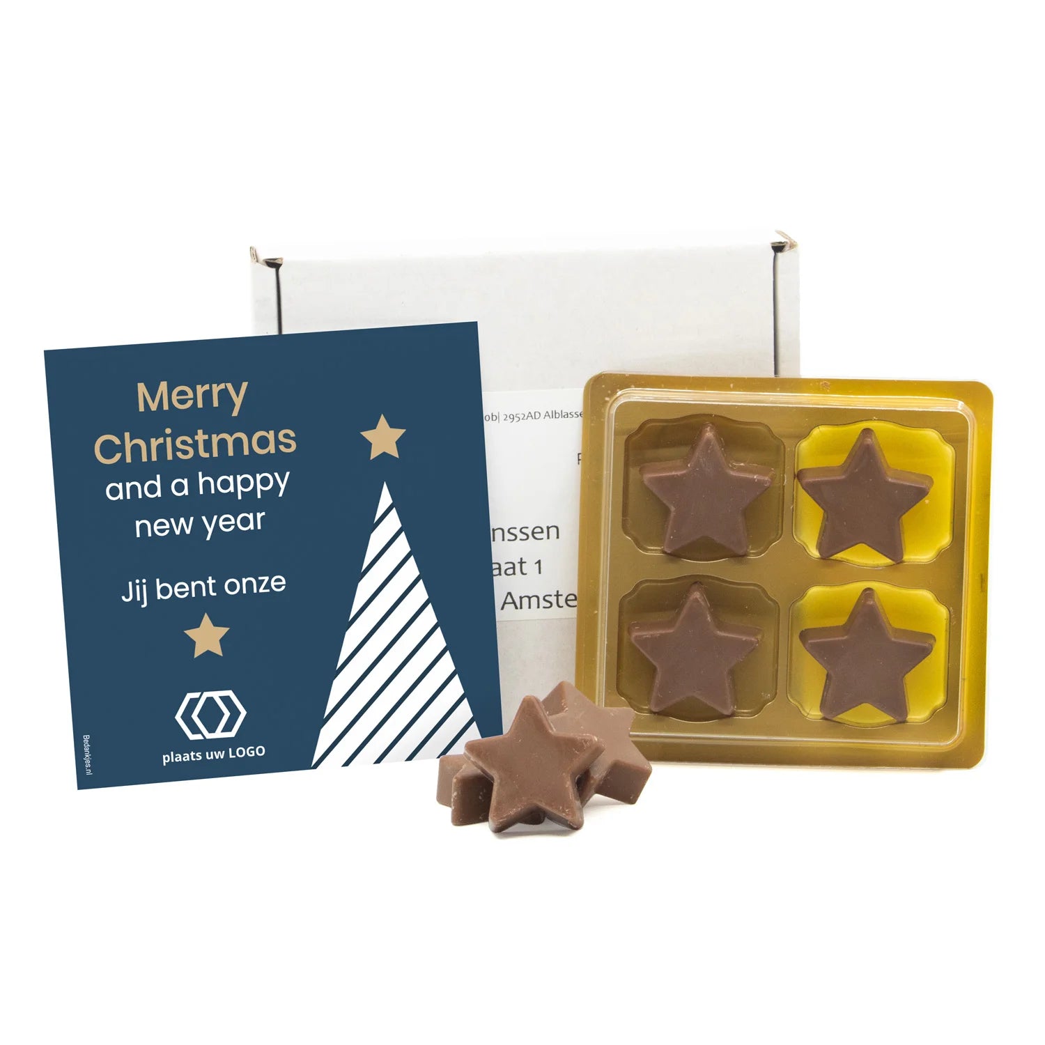Doosje met chocolade kerststerren in blister 4 - Kerst - Bedankjes.nl