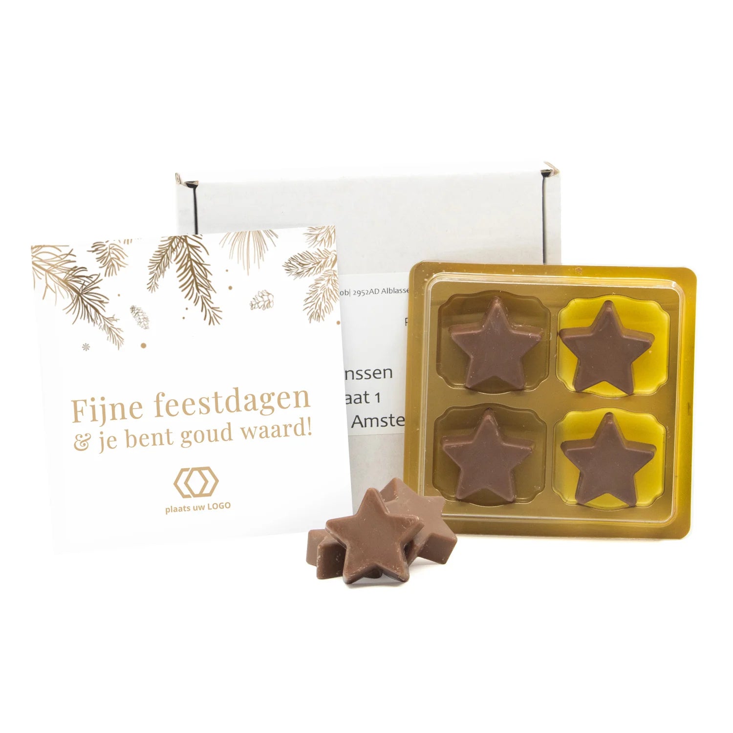 Doosje met chocolade kerststerren in blister 4 - Kerst - Bedankjes.nl