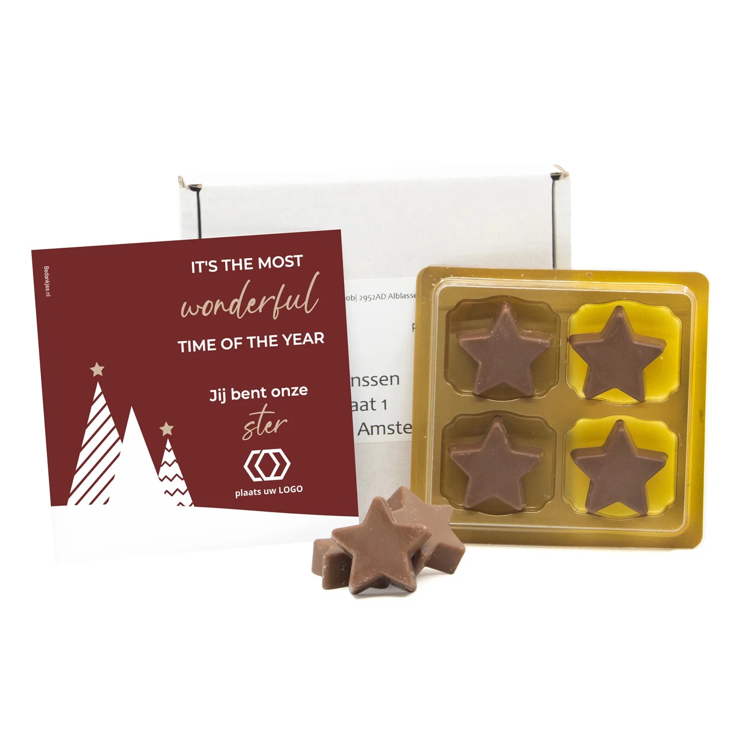 Doosje met chocolade kerststerren in blister 4 - Kerst - Bedankjes.nl