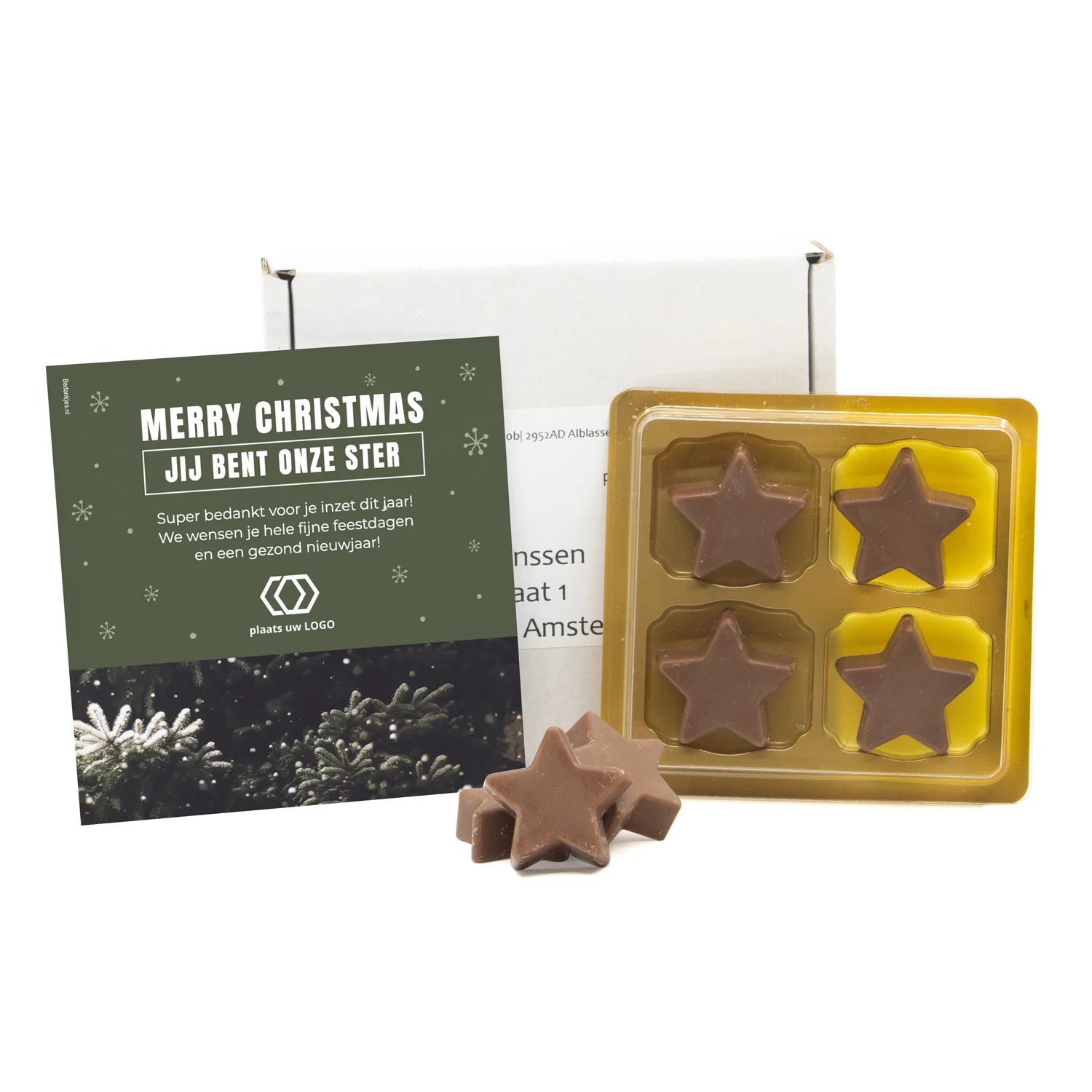 Doosje met chocolade kerststerren in blister 4 - Kerst - Bedankjes.nl