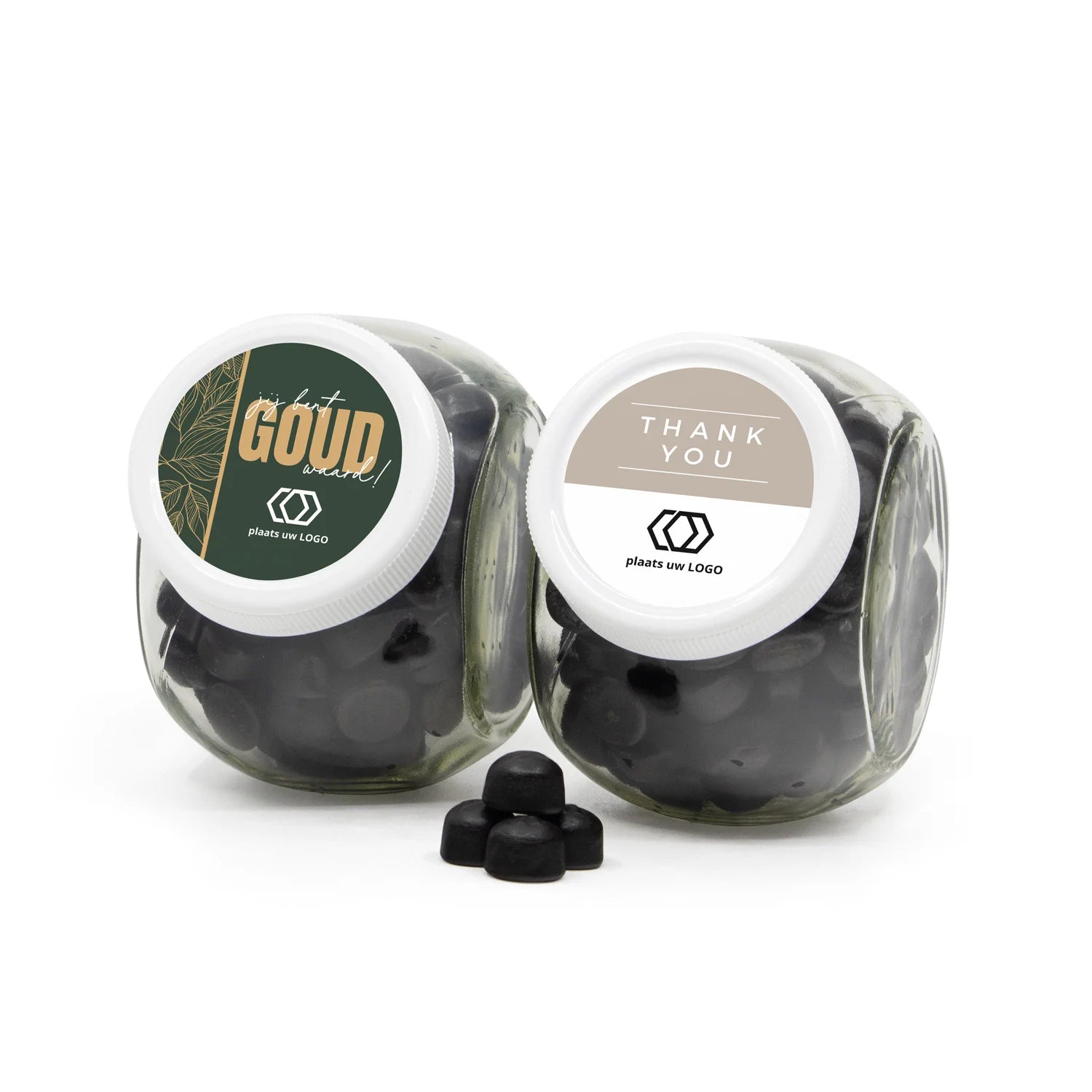 Glazen snoeppot 0,4L met eigen etiket - Zakelijk