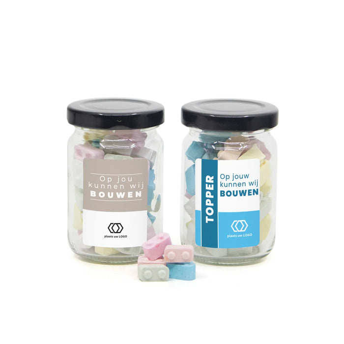 Glazen potje met bouwsteentjes eigen etiket - Zakelijk