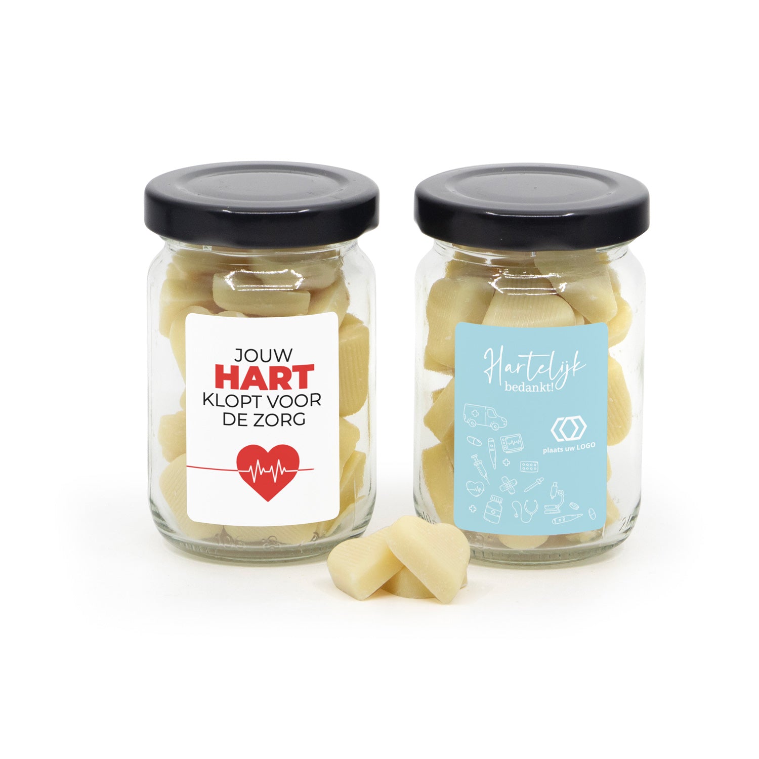 Glazen potje met chocolade hartjes en eigen etiket - Verpleging - Bedankjes.nl