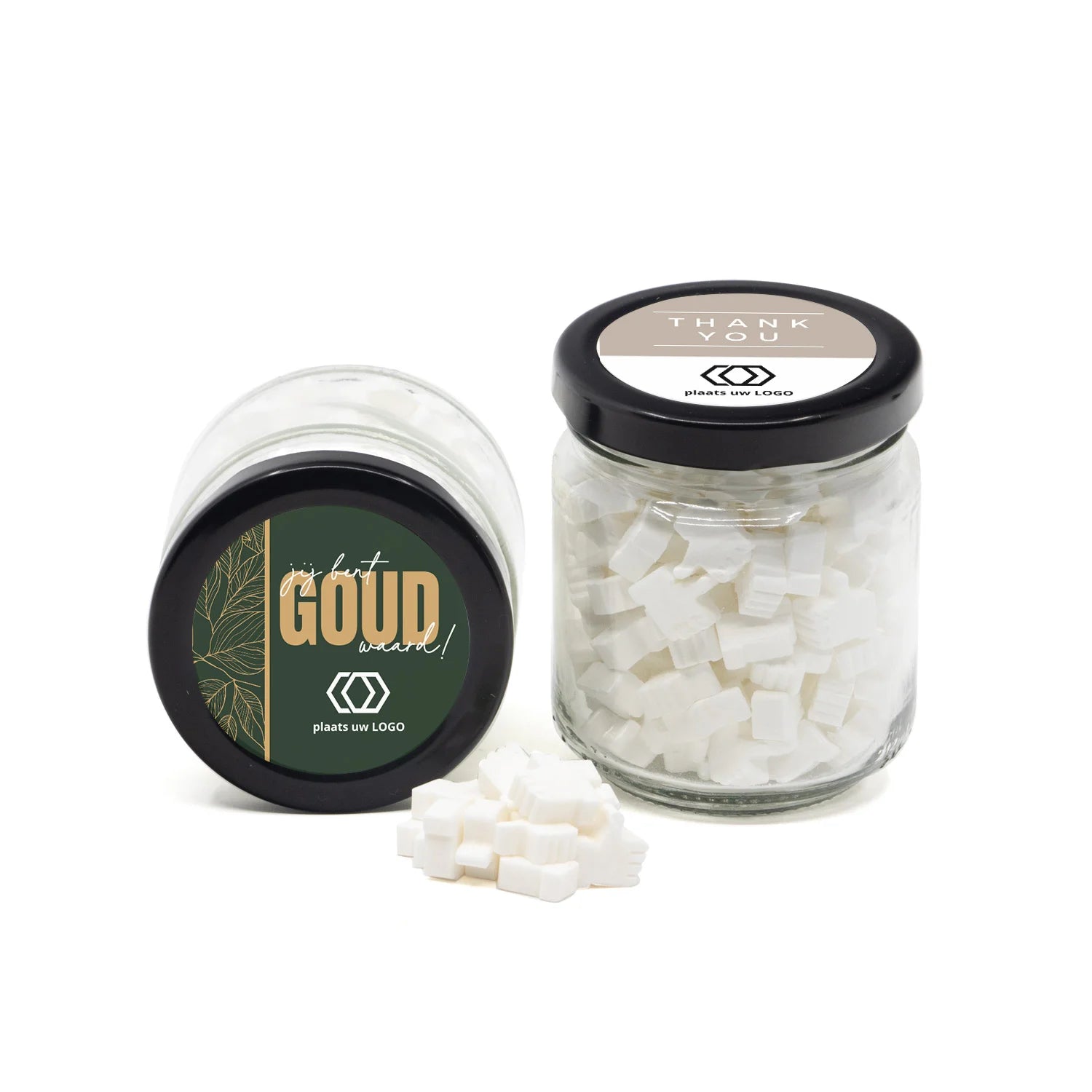 Glazen snoeppotje met eigen etiket - Zakelijk - Bedankjes.nl