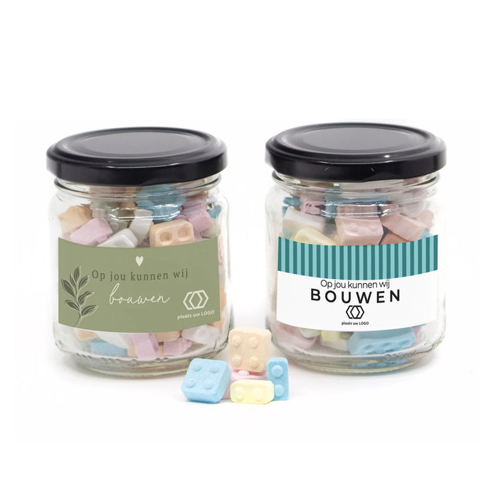 Glazen snoeppotje met bouwsteentjes - Vrijwilliger