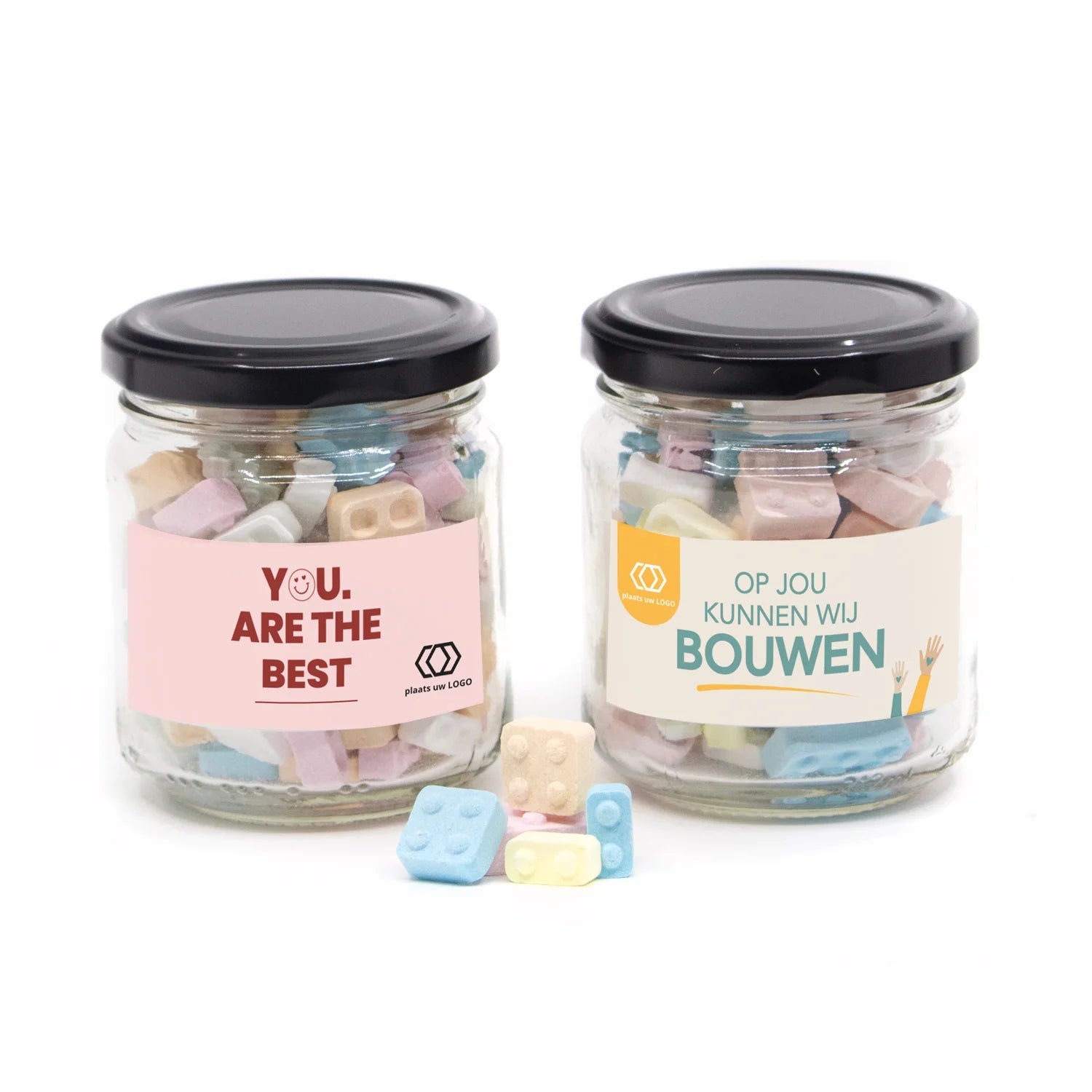 Glazen snoeppotje met bouwsteentjes - Zakelijk