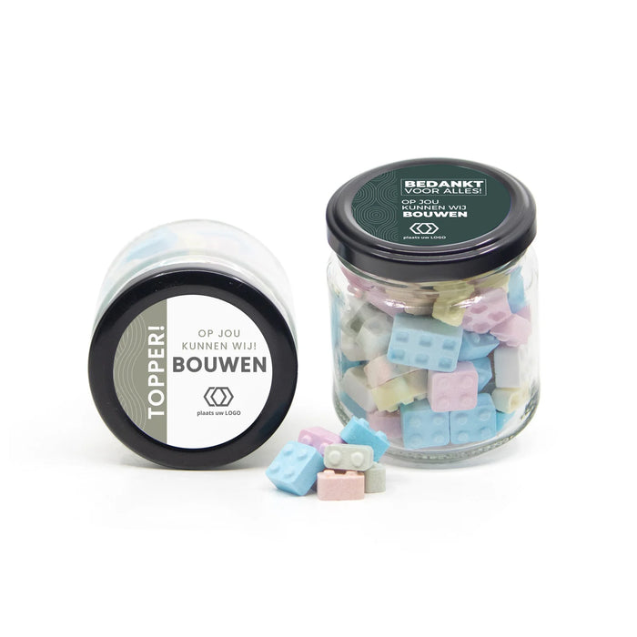 Glazen snoeppotje met bouwsteentjes - Zakelijk