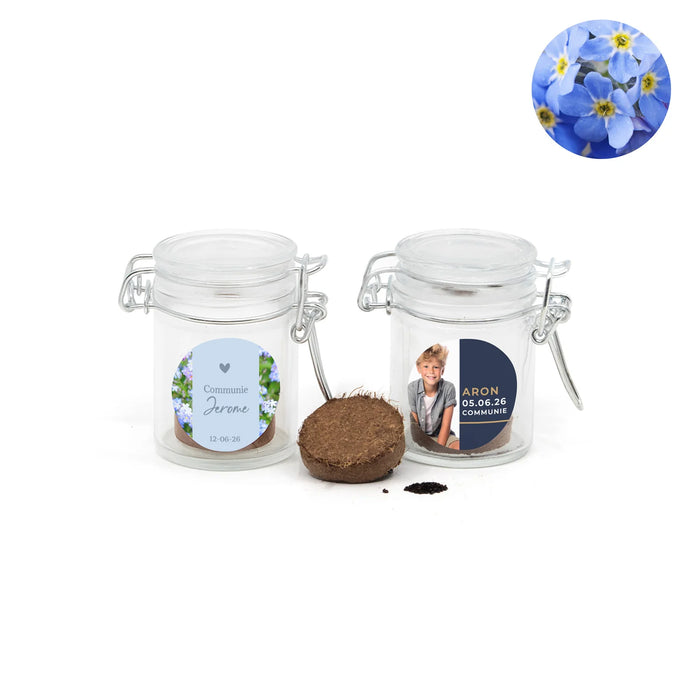 Vergeet me nietjes kweeksetje in mini weckpotje - Communie jongen